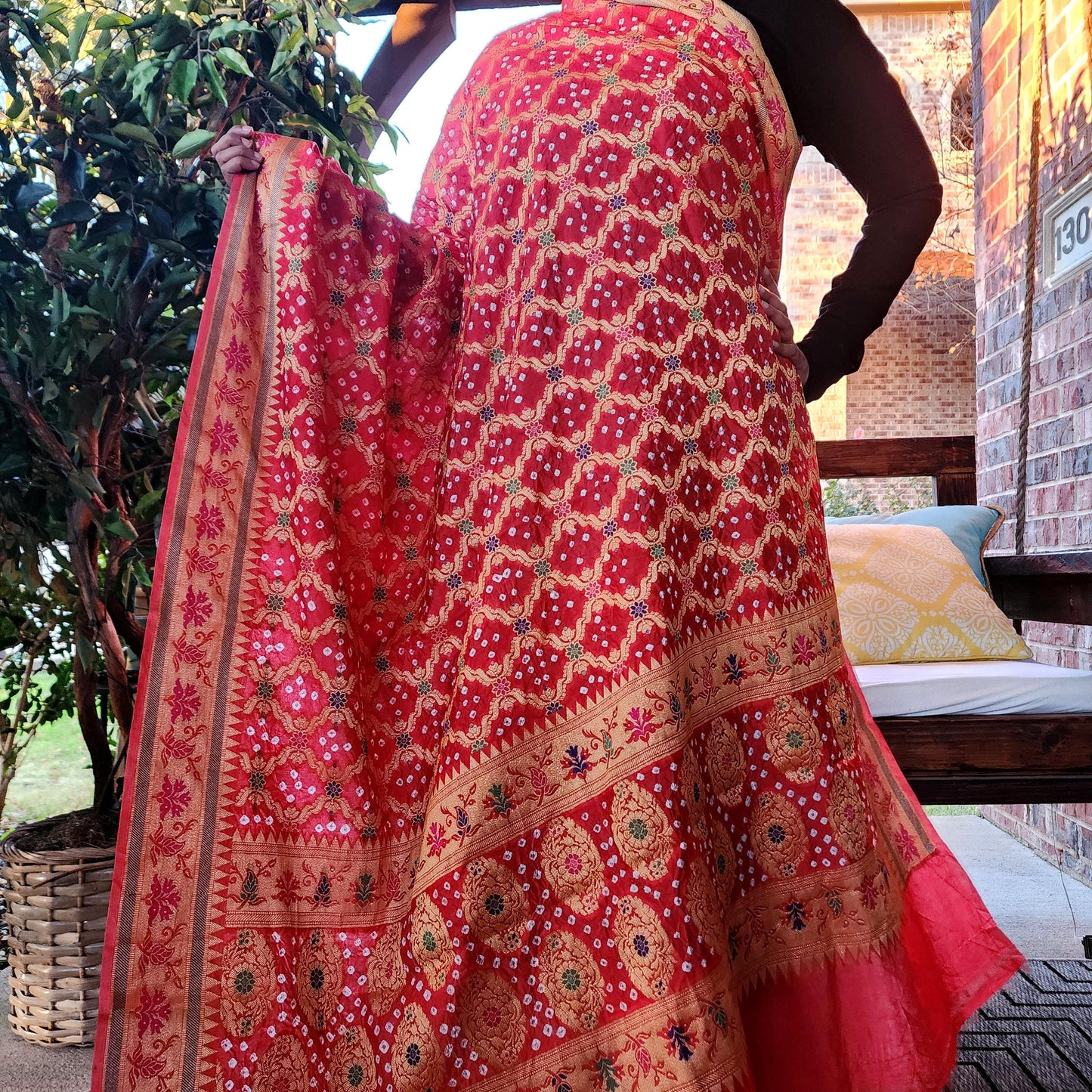 Banarasi Handwoven Bandhni Dupatta in Orange Bright Red, Beautiful Banarsi weaving in Gold