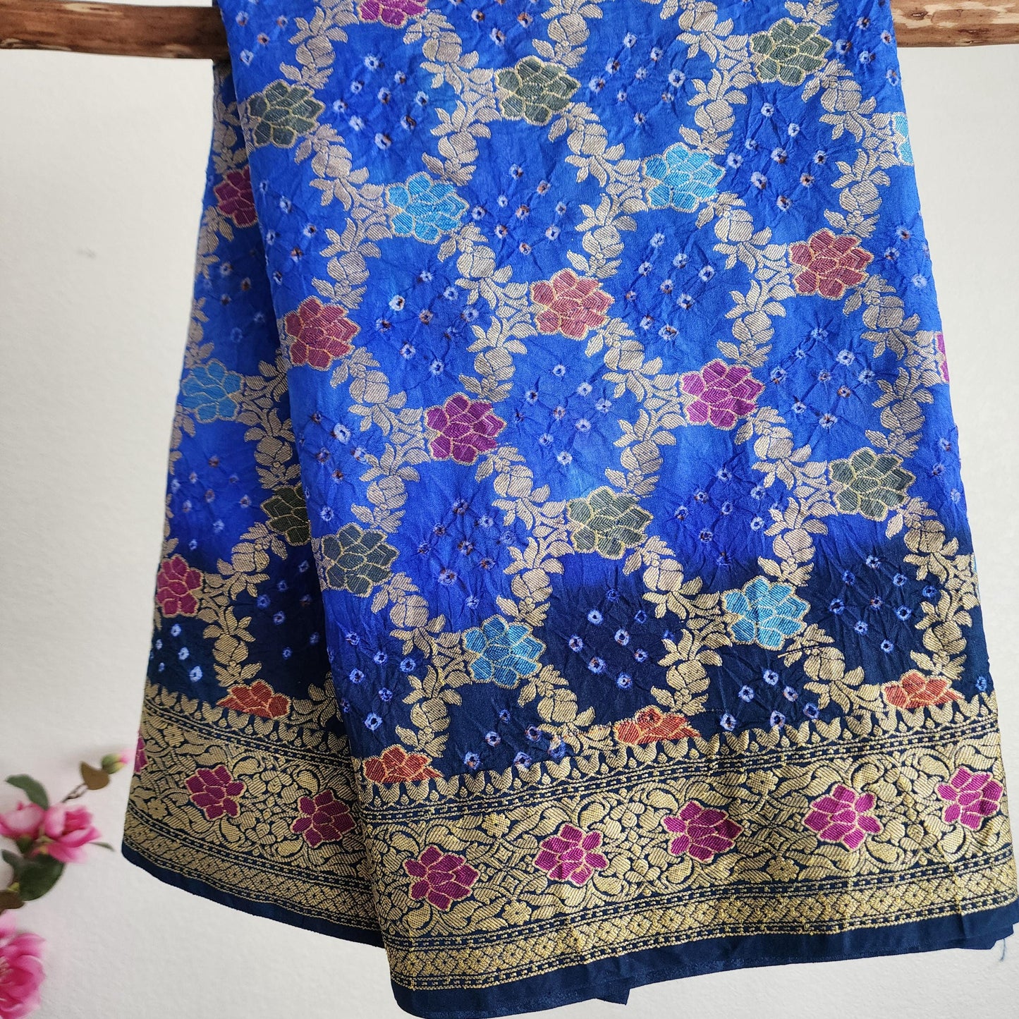 Banarasi Handwoven Bandhni Dupatta in Denim & Sky Blue, Beautiful Banarsi weaving in Gold