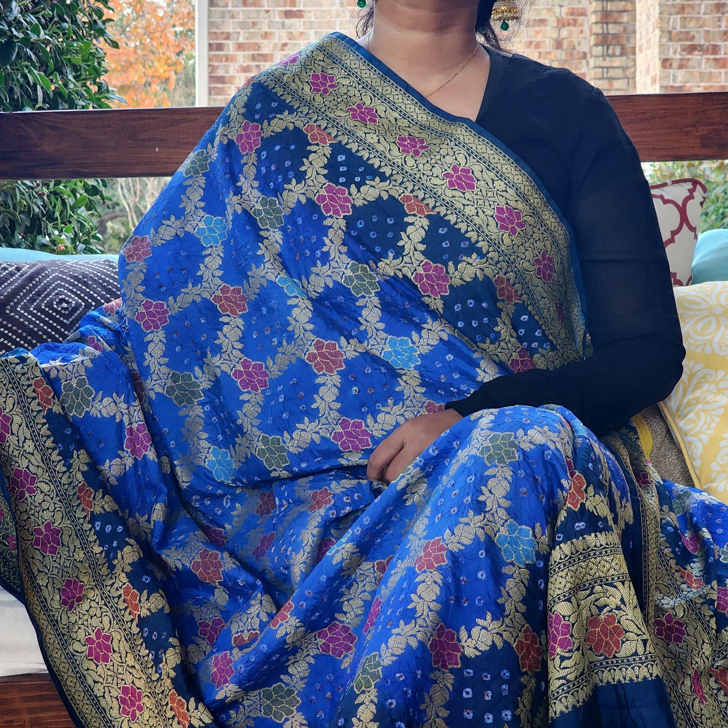 Banarasi Handwoven Bandhni Dupatta in Denim & Sky Blue, Beautiful Banarsi weaving in Gold