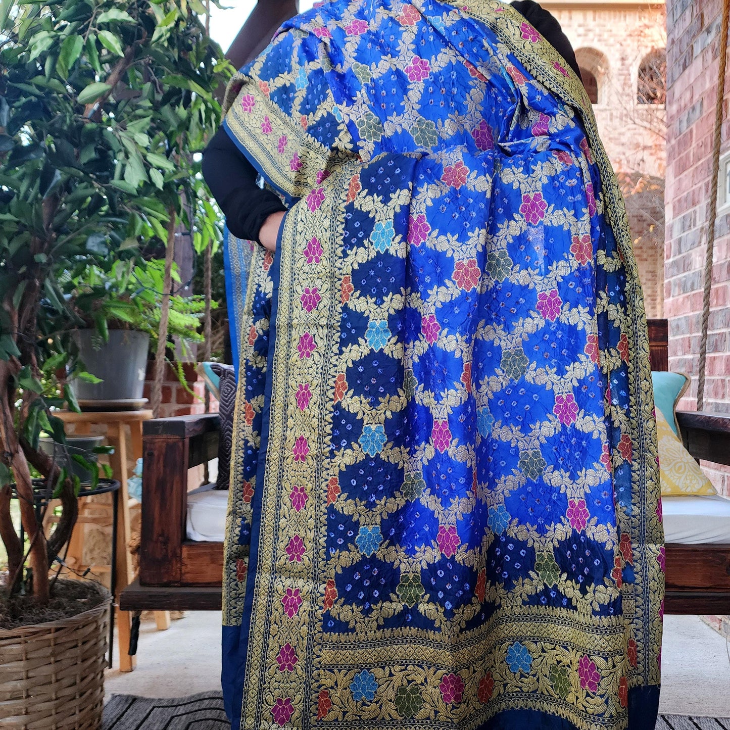 Banarasi Handwoven Bandhni Dupatta in Denim & Sky Blue, Beautiful Banarsi weaving in Gold