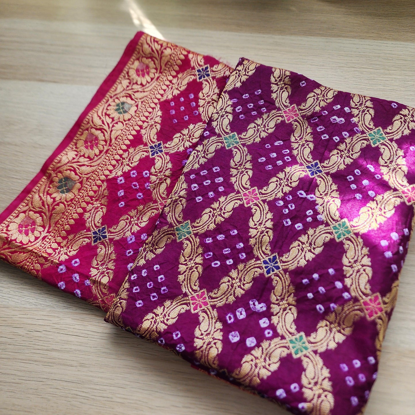 Banarasi Handwoven Bandhni Dupatta in Purple & Rani Pink, Beautiful Banarsi weaving in Gold