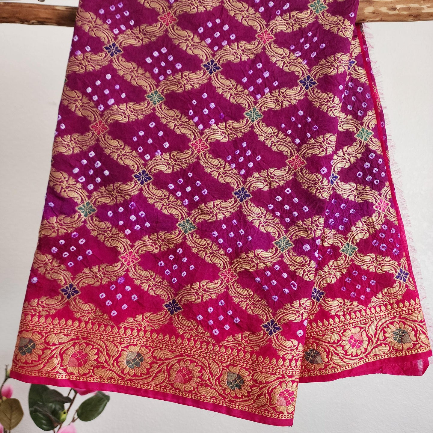 Banarasi Handwoven Bandhni Dupatta in Purple & Rani Pink, Beautiful Banarsi weaving in Gold