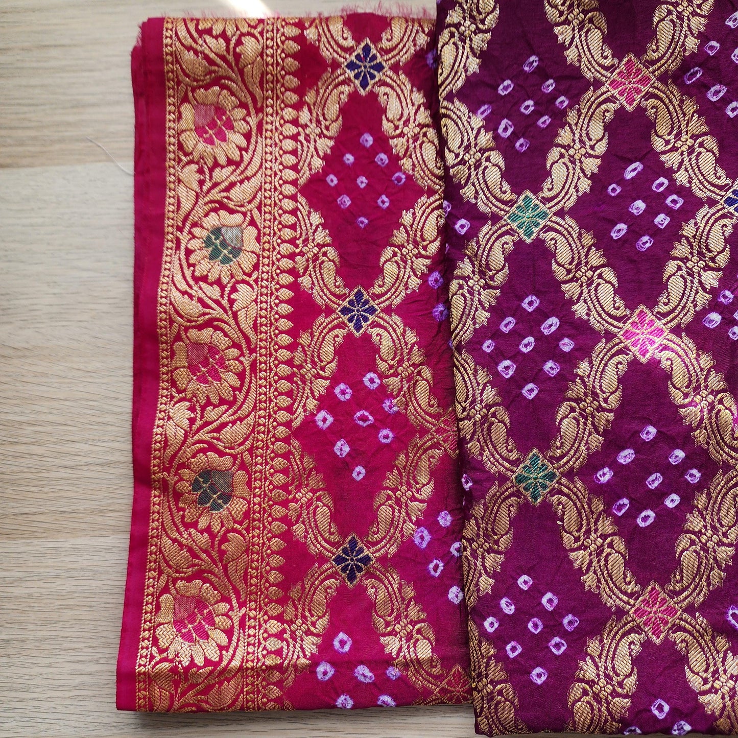 Banarasi Handwoven Bandhni Dupatta in Purple & Rani Pink, Beautiful Banarsi weaving in Gold