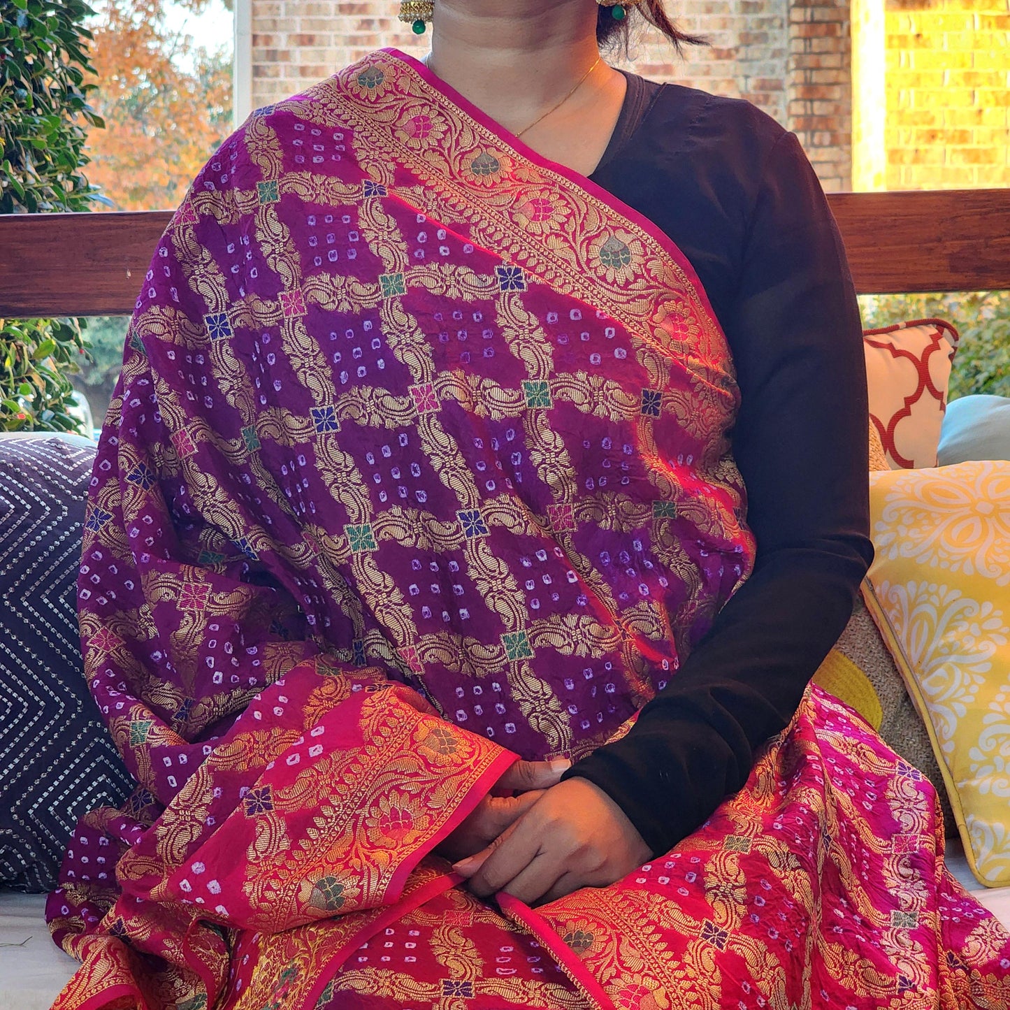 Banarasi Handwoven Bandhni Dupatta in Purple & Rani Pink, Beautiful Banarsi weaving in Gold