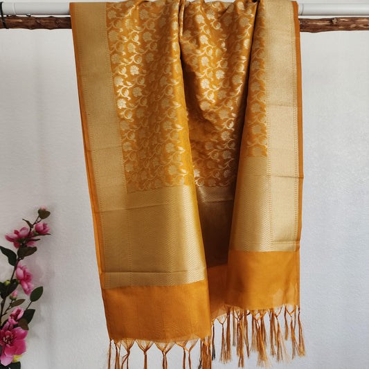 Banarasi Silk Mustard Yellow Dupatta with gold handweaving, Indian traditional and Festive designer dupatta, luxurious soft Banarsi dupatta