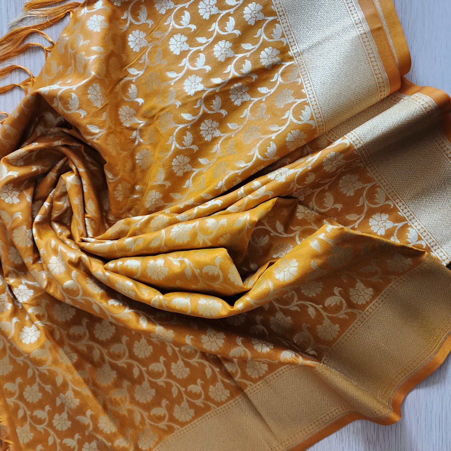 Banarasi Silk Mustard Yellow Dupatta with gold handweaving, Indian traditional and Festive designer dupatta, luxurious soft Banarsi dupatta