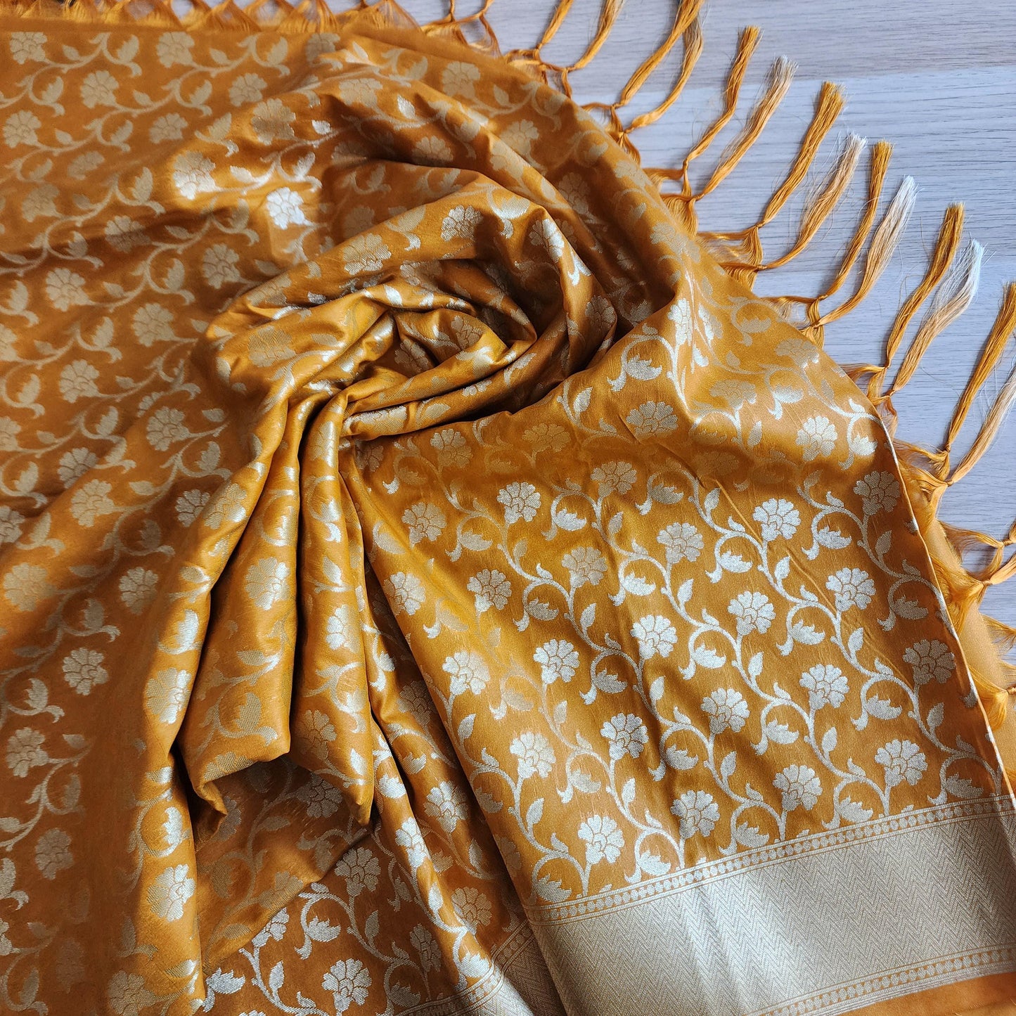 Banarasi Silk Mustard Yellow Dupatta with gold handweaving, Indian traditional and Festive designer dupatta, luxurious soft Banarsi dupatta