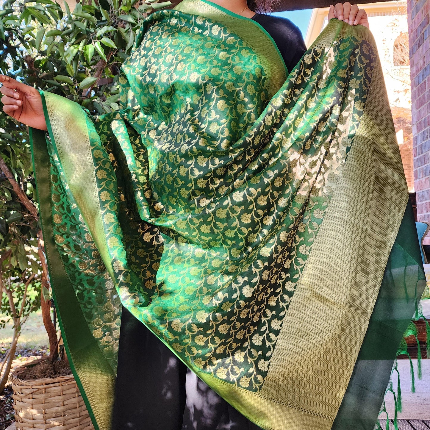 Banarasi Silk Dark Green Dupatta with gold handweaving, Indian traditional and Festive designer dupatta, luxurious soft Banarsi dupatta