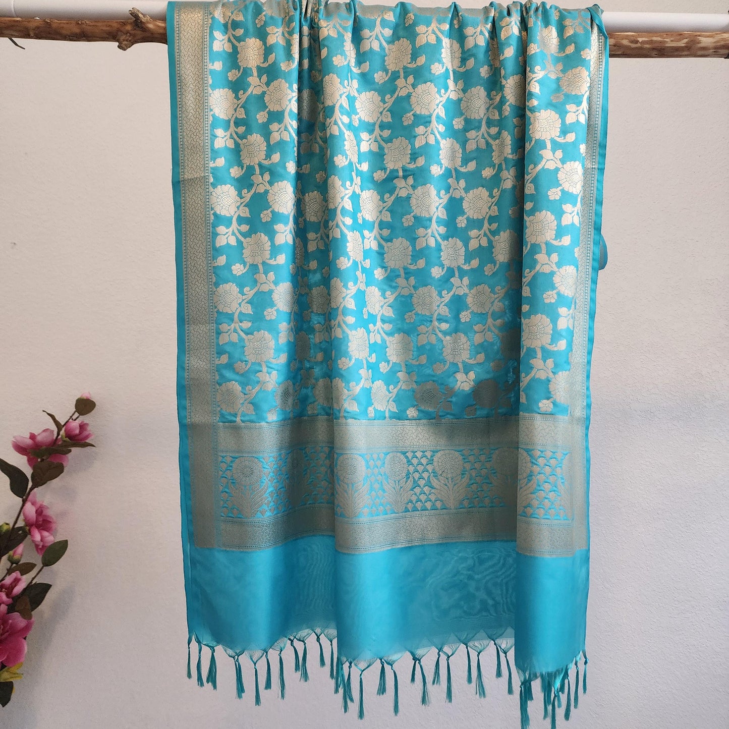 Banarasi Silk Sky Blue Dupatta with gold handweaving, Indian traditional and Festive designer dupatta, luxurious soft Banarsi dupatta