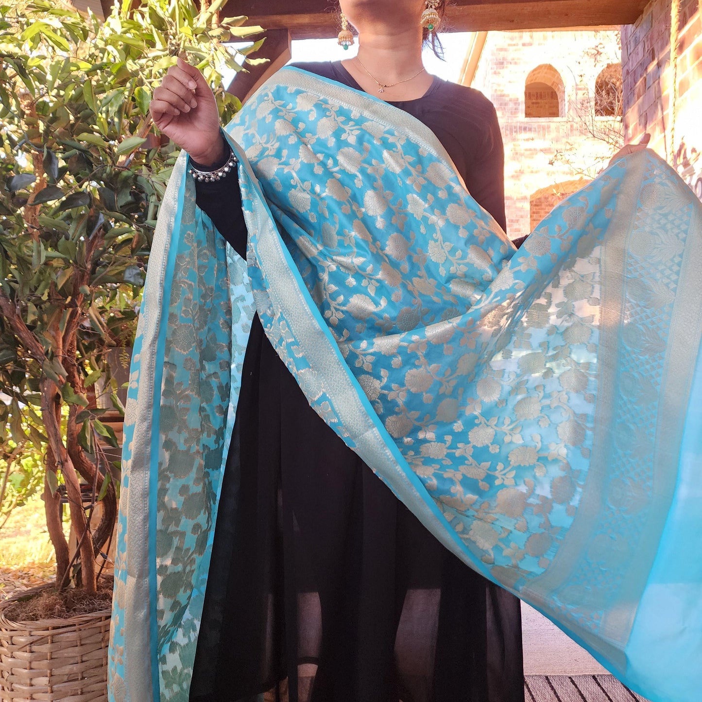 Banarasi Silk Sky Blue Dupatta with gold handweaving, Indian traditional and Festive designer dupatta, luxurious soft Banarsi dupatta