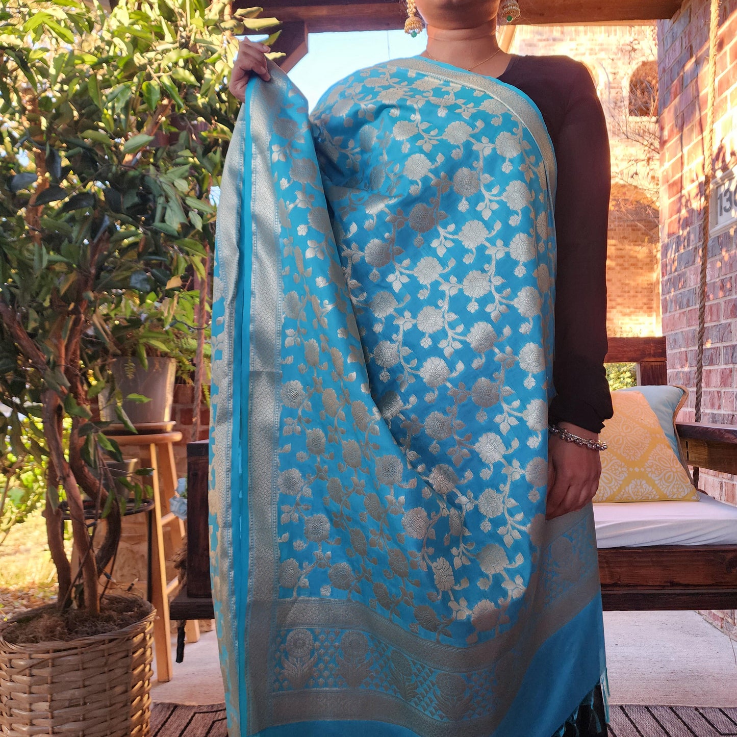 Banarasi Silk Sky Blue Dupatta with gold handweaving, Indian traditional and Festive designer dupatta, luxurious soft Banarsi dupatta