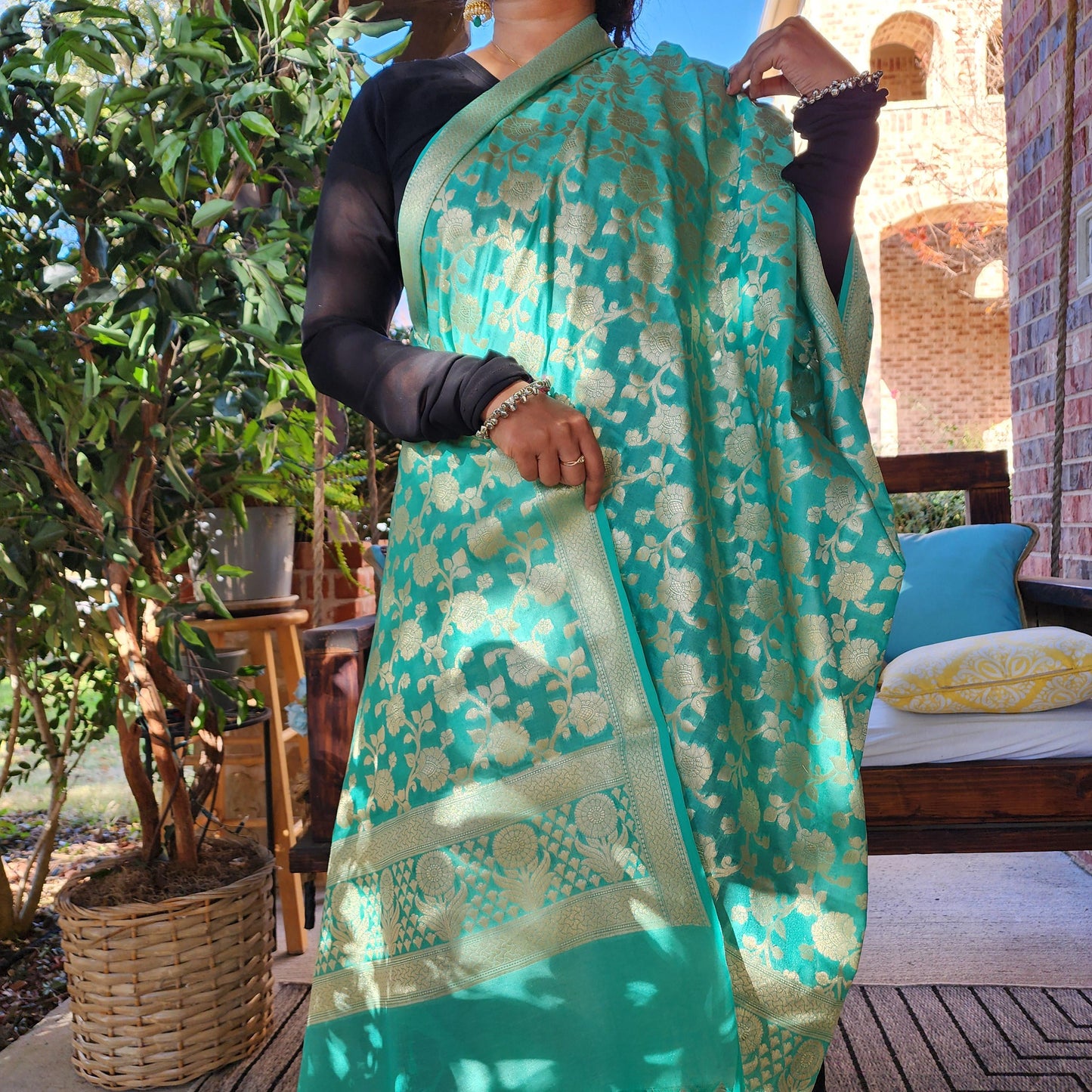 Banarasi Silk Aqua Green Dupatta with gold handweaving, Indian traditional and Festive designer dupatta, luxurious soft Banarsi dupatta