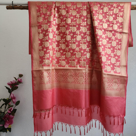 Banarasi Silk Magenta Pink Dupatta with gold handweaving, Indian traditional and Festive designer dupatta, luxurious soft Banarsi dupatta