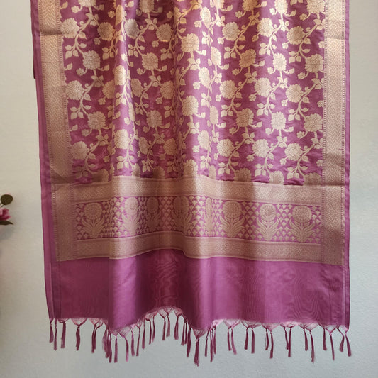 Banarasi Silk Mauve Pink Dupatta with gold handweaving, Indian traditional and Festive designer dupatta, luxurious soft Banarsi dupatta