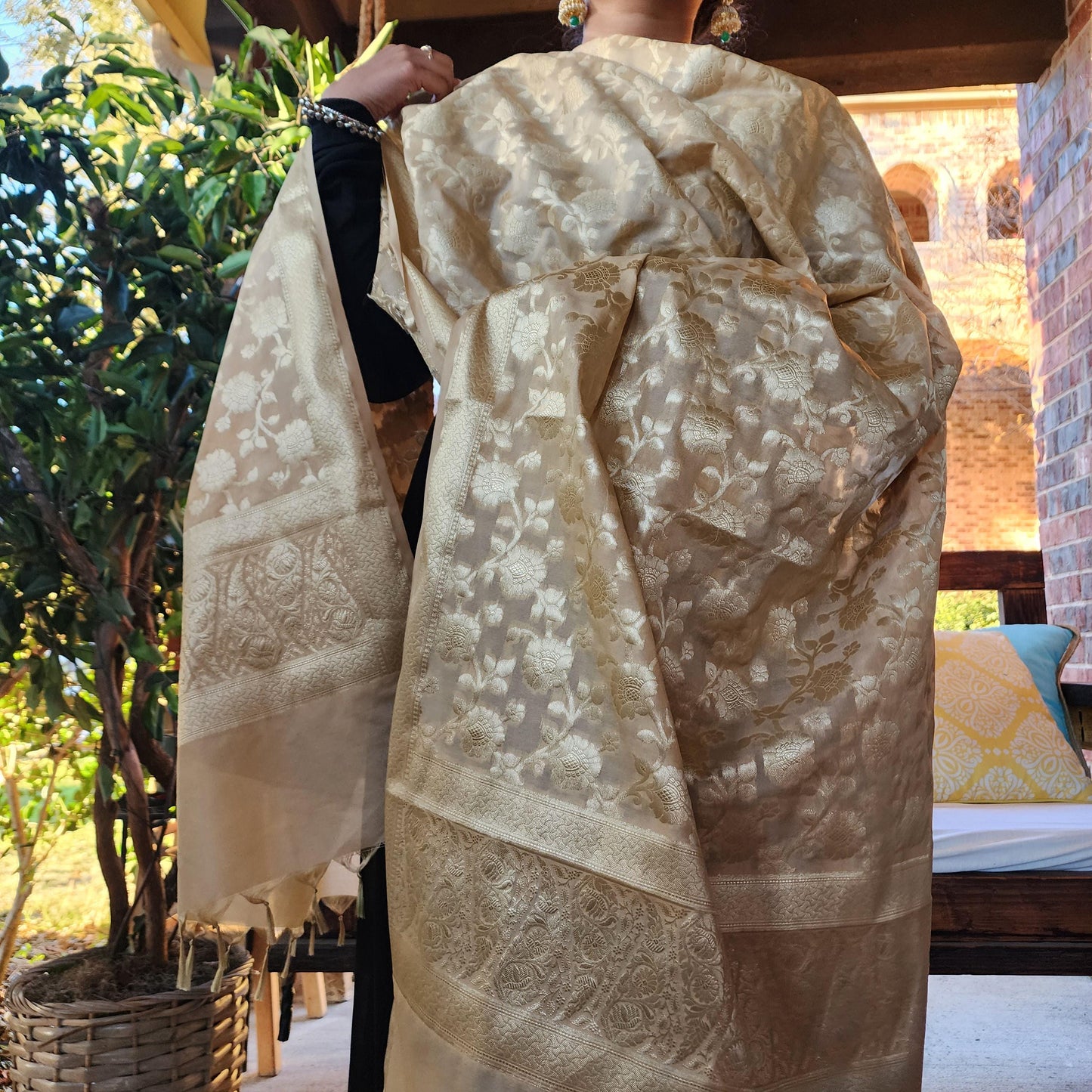 Banarasi Silk Beige Dupatta with gold handweaving, Indian traditional and Festive designer dupatta, luxurious soft Banarsi dupatta