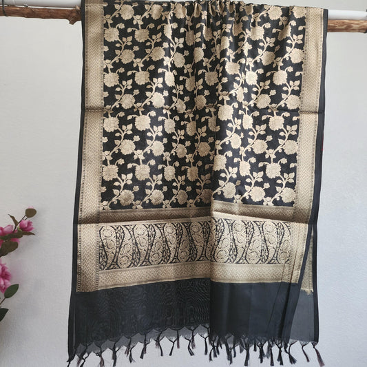 Banarasi Silk Black Dupatta with gold handweaving, Indian traditional and Festive designer dupatta, luxurious soft Banarsi dupatta