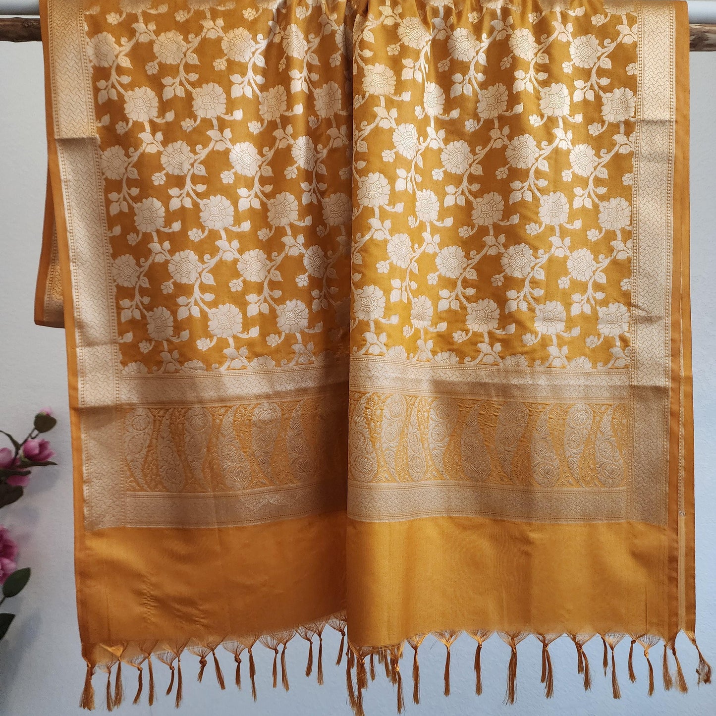 Banarasi Silk Mustard Yellow Dupatta with gold handweaving, Indian traditional and Festive designer dupatta, luxurious soft Banarsi dupatta