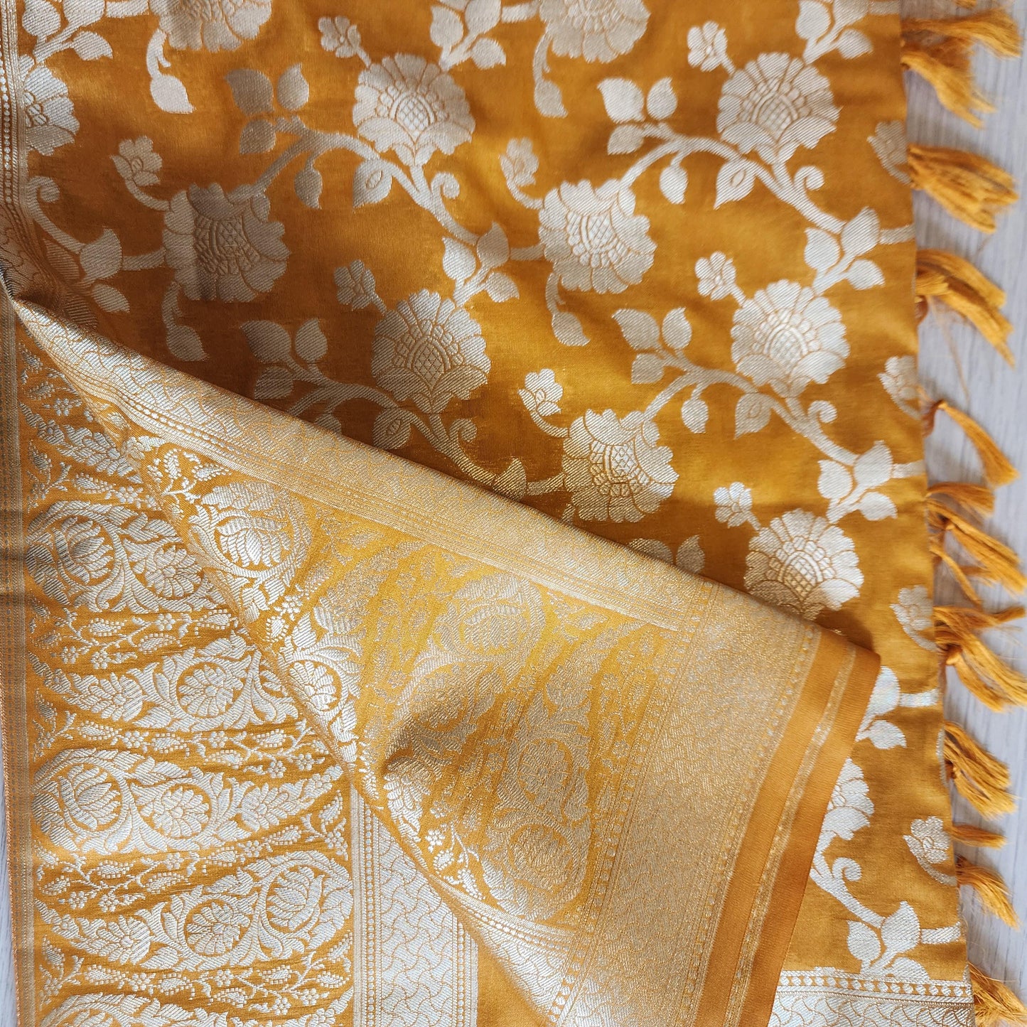 Banarasi Silk Mustard Yellow Dupatta with gold handweaving, Indian traditional and Festive designer dupatta, luxurious soft Banarsi dupatta