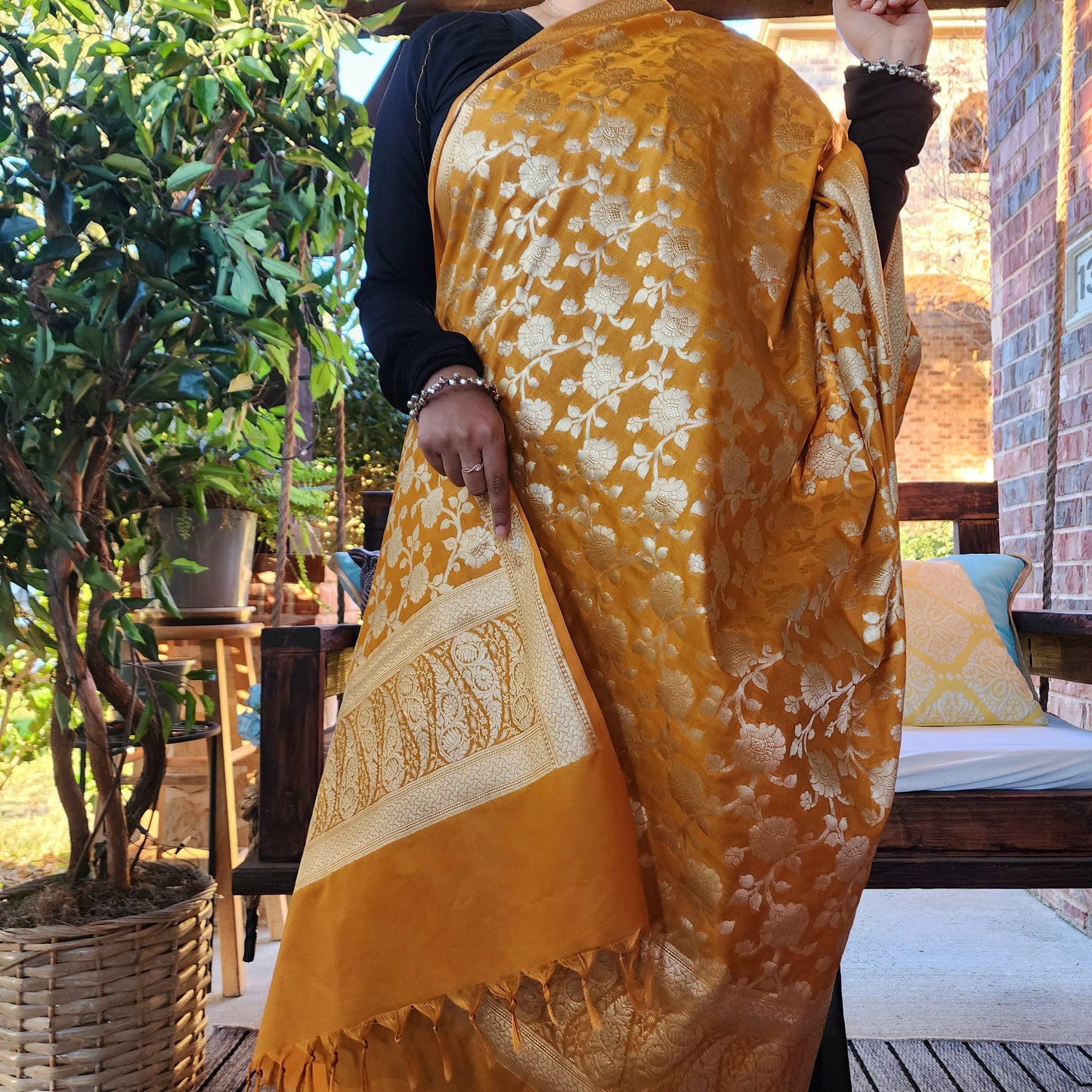 Banarasi Silk Mustard Yellow Dupatta with gold handweaving, Indian traditional and Festive designer dupatta, luxurious soft Banarsi dupatta