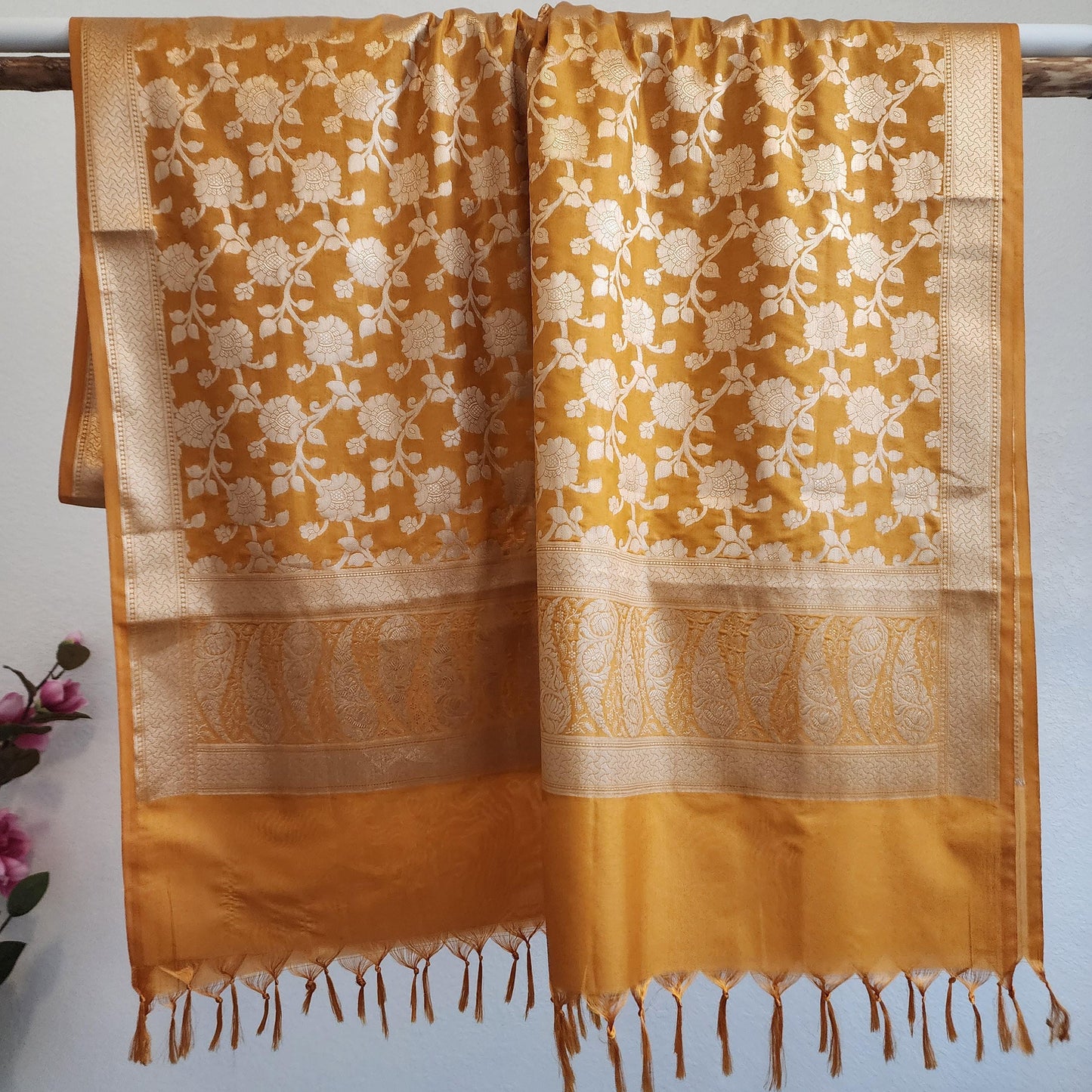 Banarasi Silk Mustard Yellow Dupatta with gold handweaving, Indian traditional and Festive designer dupatta, luxurious soft Banarsi dupatta