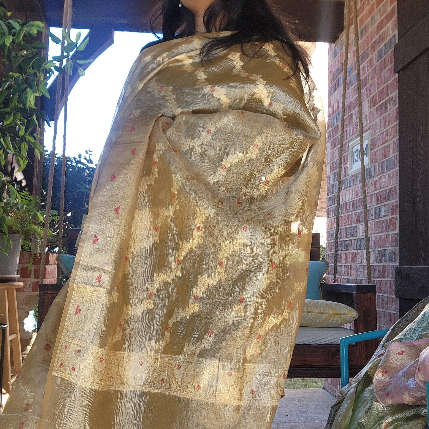 Tissue Silk Metallic Brown Dupatta, Crushed Tissue Dupatta with meenakari work