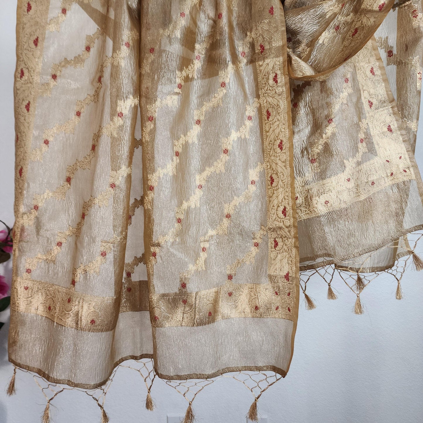 Tissue Silk Metallic Brown Dupatta, Crushed Tissue Dupatta with meenakari work