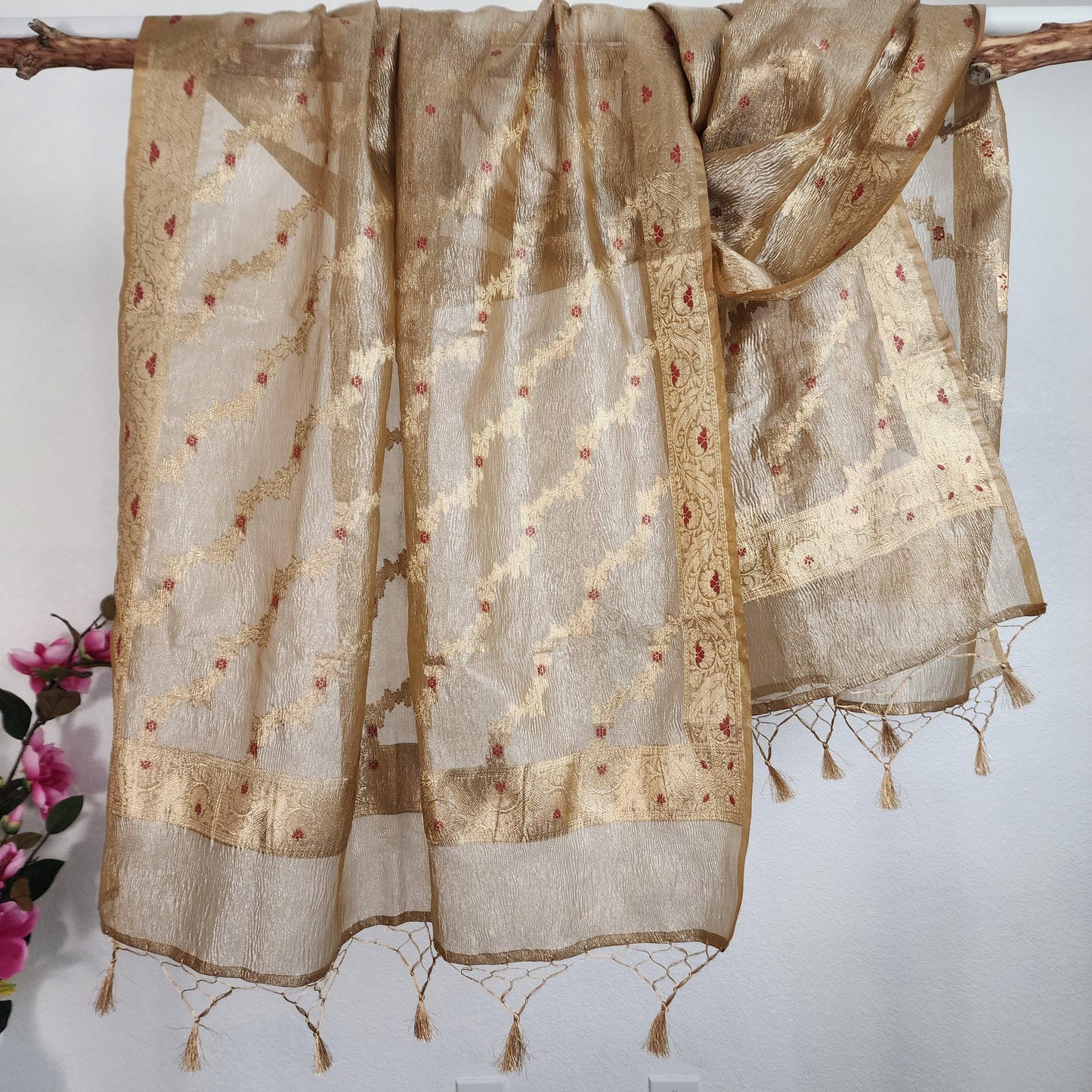 Tissue Silk Metallic Brown Dupatta, Crushed Tissue Dupatta with meenakari work