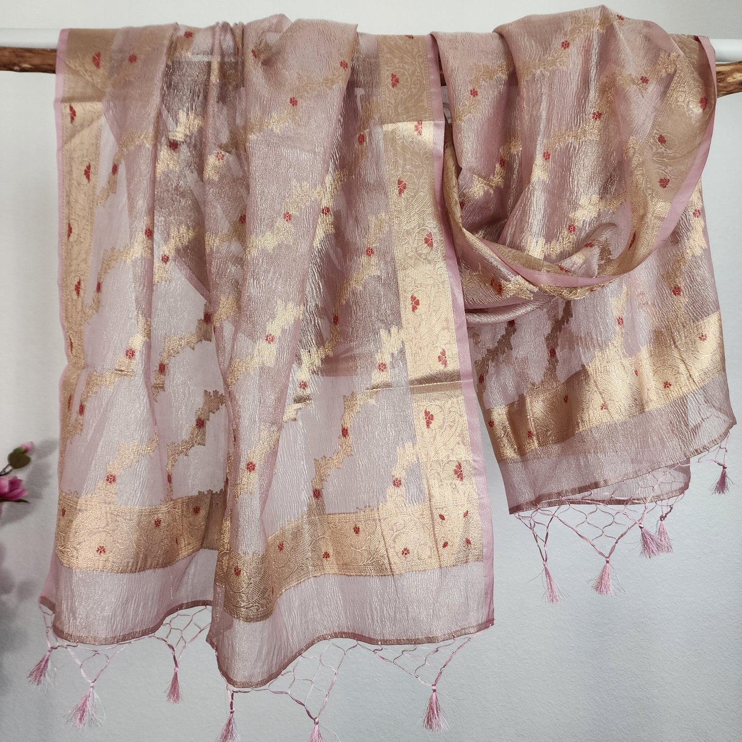 Tissue Silk Pastel Pink Dupatta, Crushed Tissue Dupatta with meenakari work