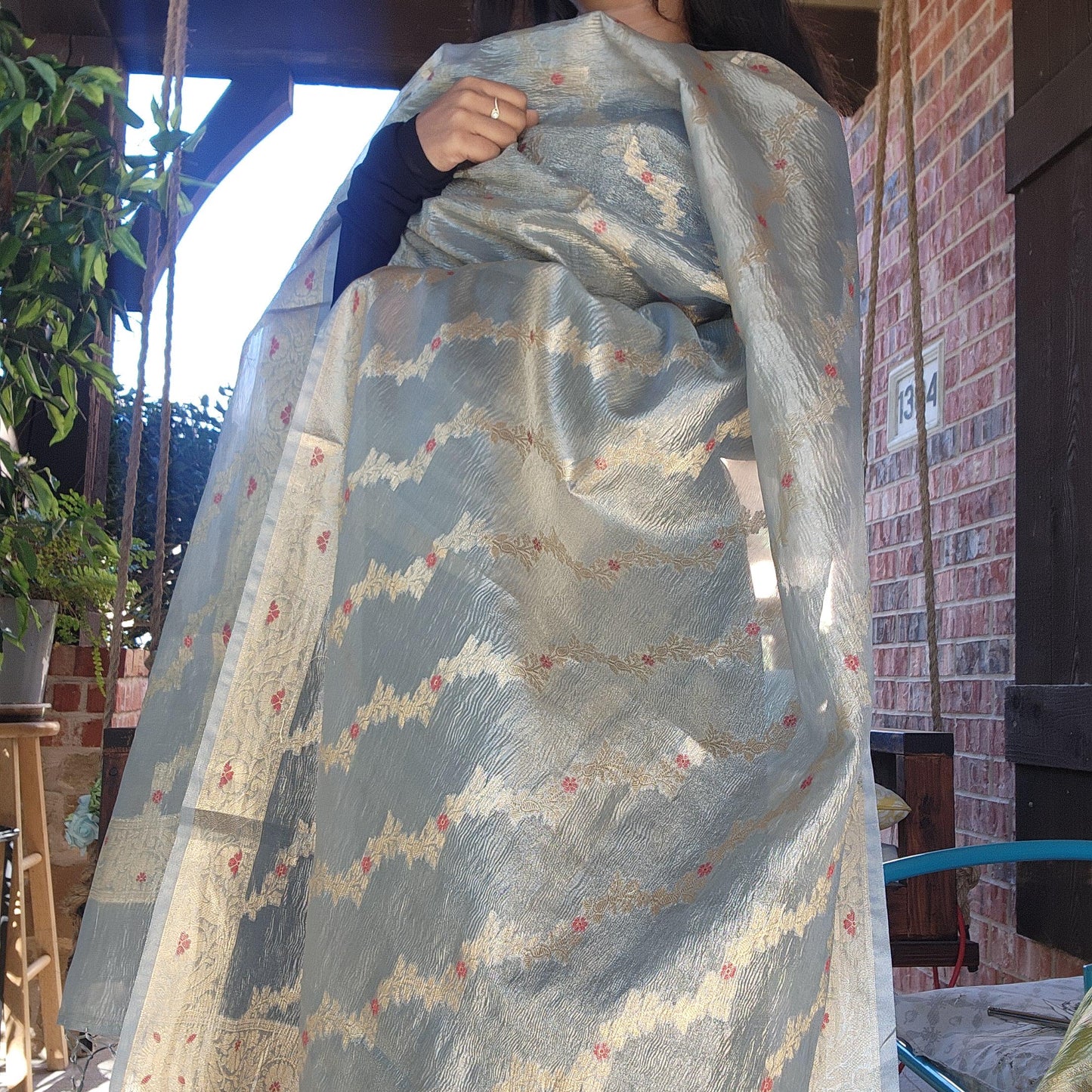 Tissue Silk Ice Blue Dupatta, Crushed Tissue Dupatta with meenakari work