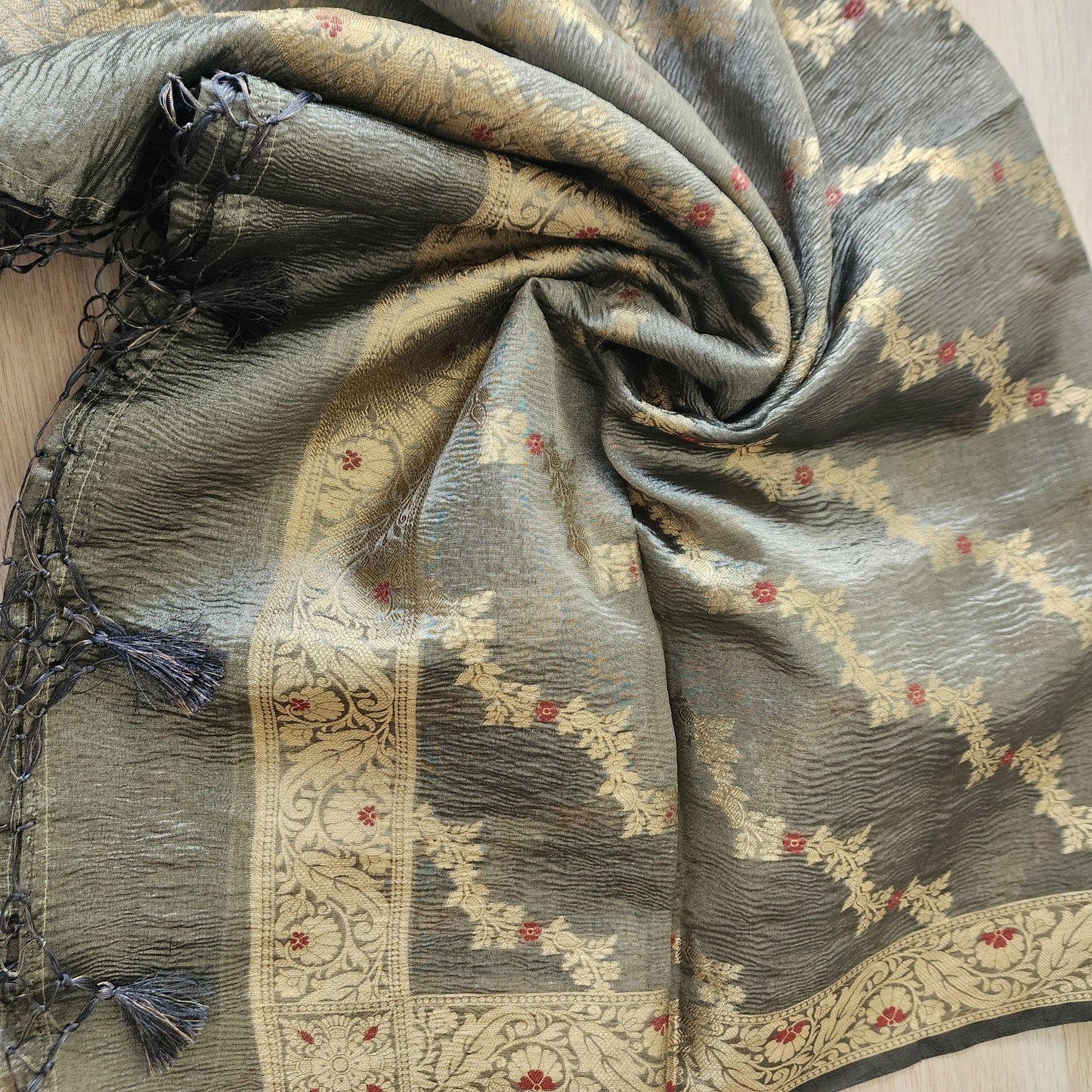 Tissue Silk Dark Gray Dupatta, Crushed Tissue Dupatta with meenakari work