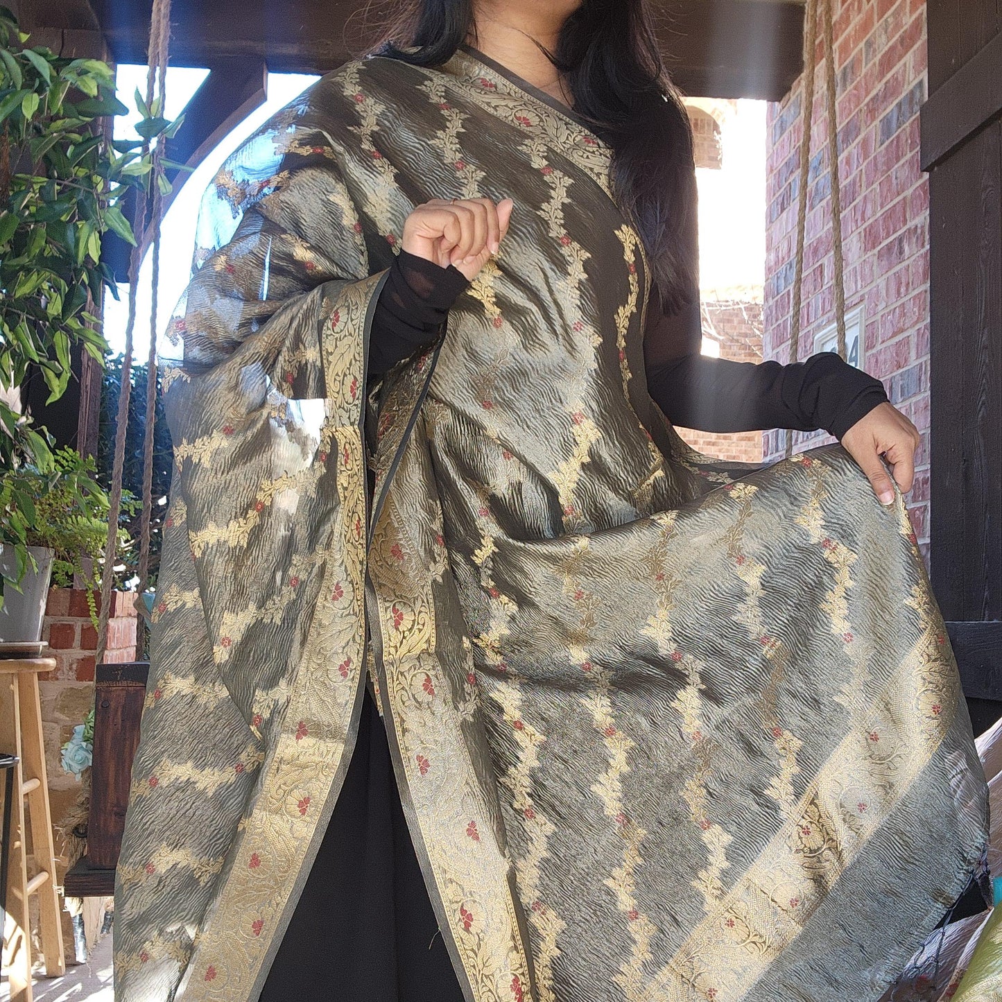 Tissue Silk Dark Gray Dupatta, Crushed Tissue Dupatta with meenakari work