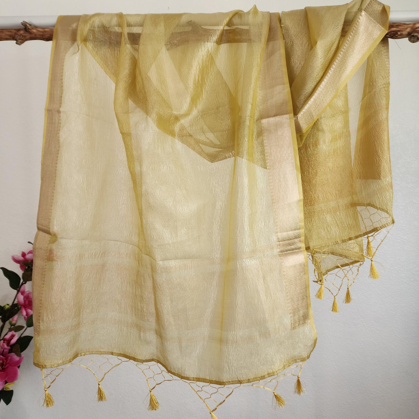 Tissue Silk Yellow Dupatta, Crushed Tissue Indian traditional & Festive wear Dupatta