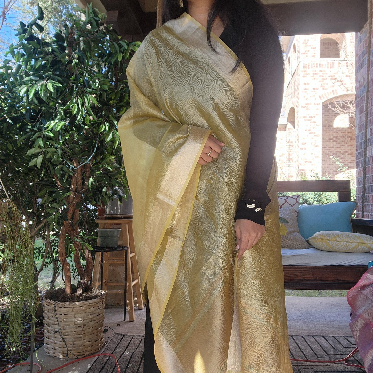 Tissue Silk Yellow Dupatta, Crushed Tissue Indian traditional & Festive wear Dupatta