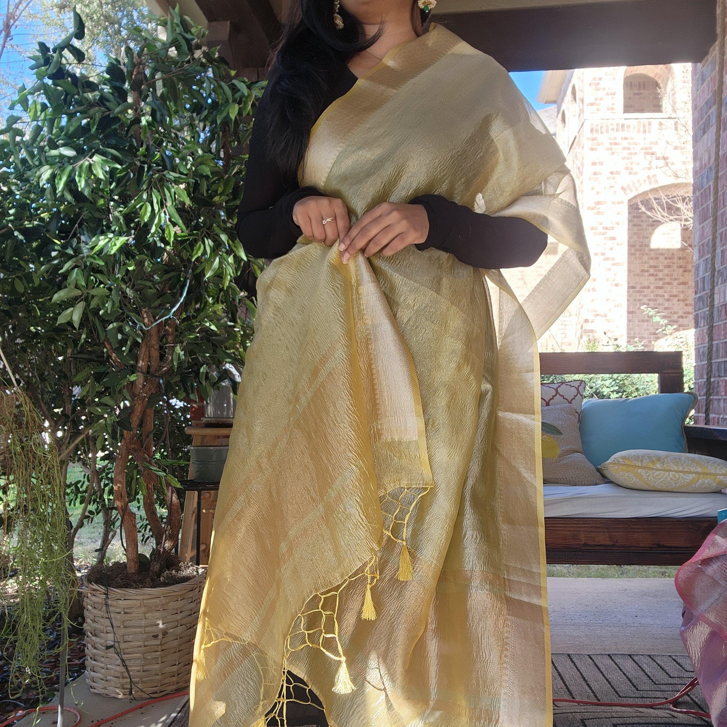 Tissue Silk Yellow Dupatta, Crushed Tissue Indian traditional & Festive wear Dupatta