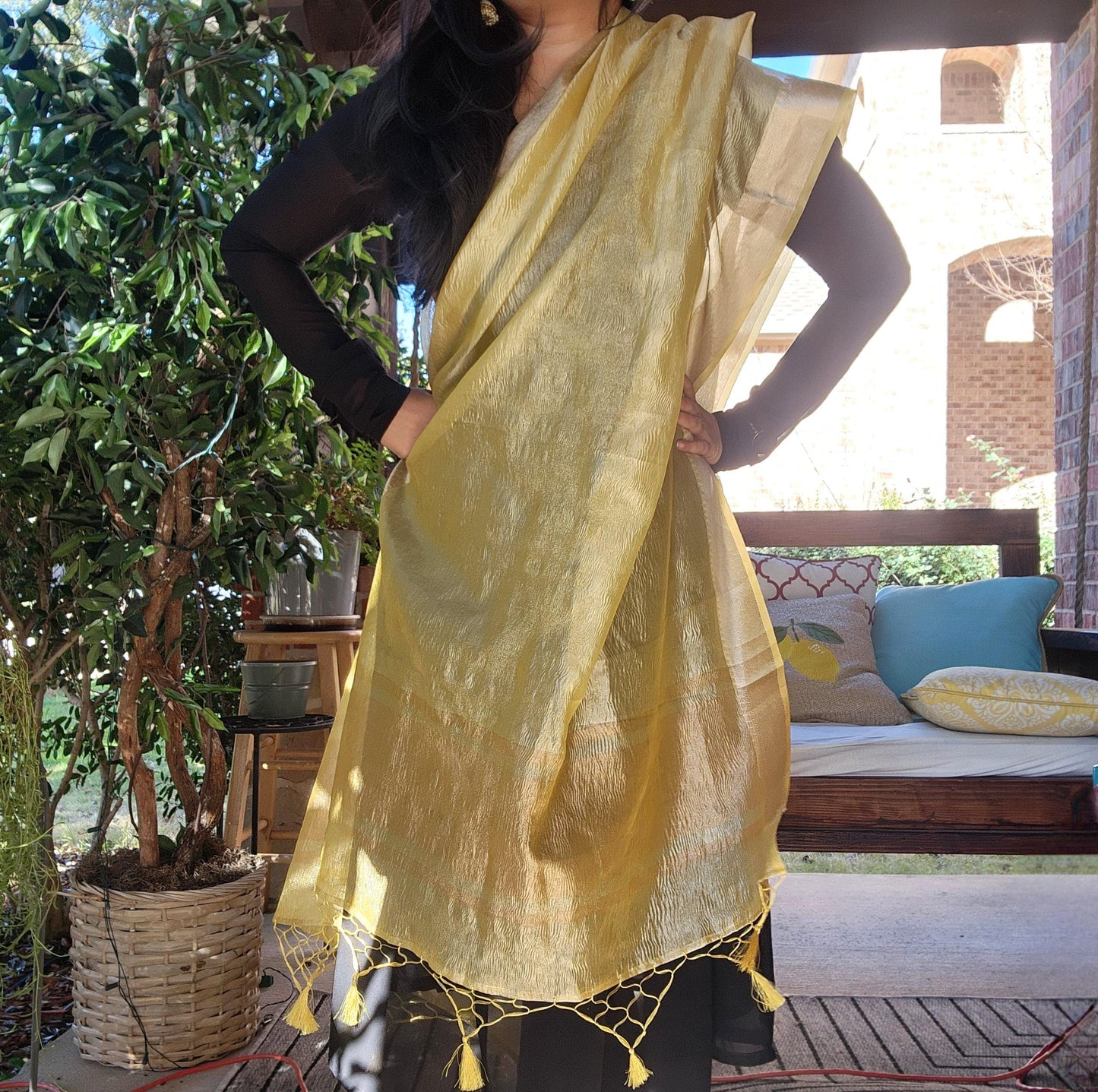 Tissue Silk Yellow Dupatta, Crushed Tissue Indian traditional & Festive wear Dupatta