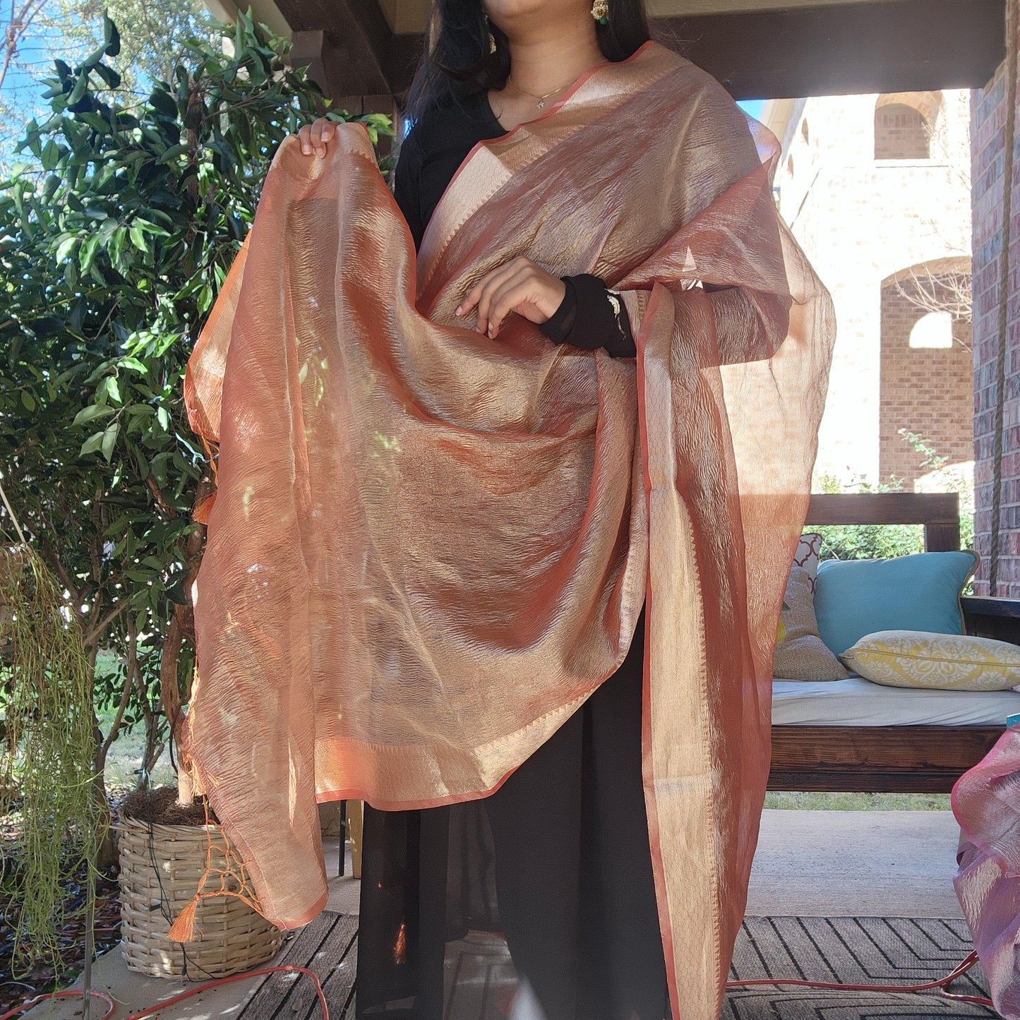 Tissue Silk Rust Orange Dupatta, Crushed Tissue Indian traditional & Festive wear Dupatta