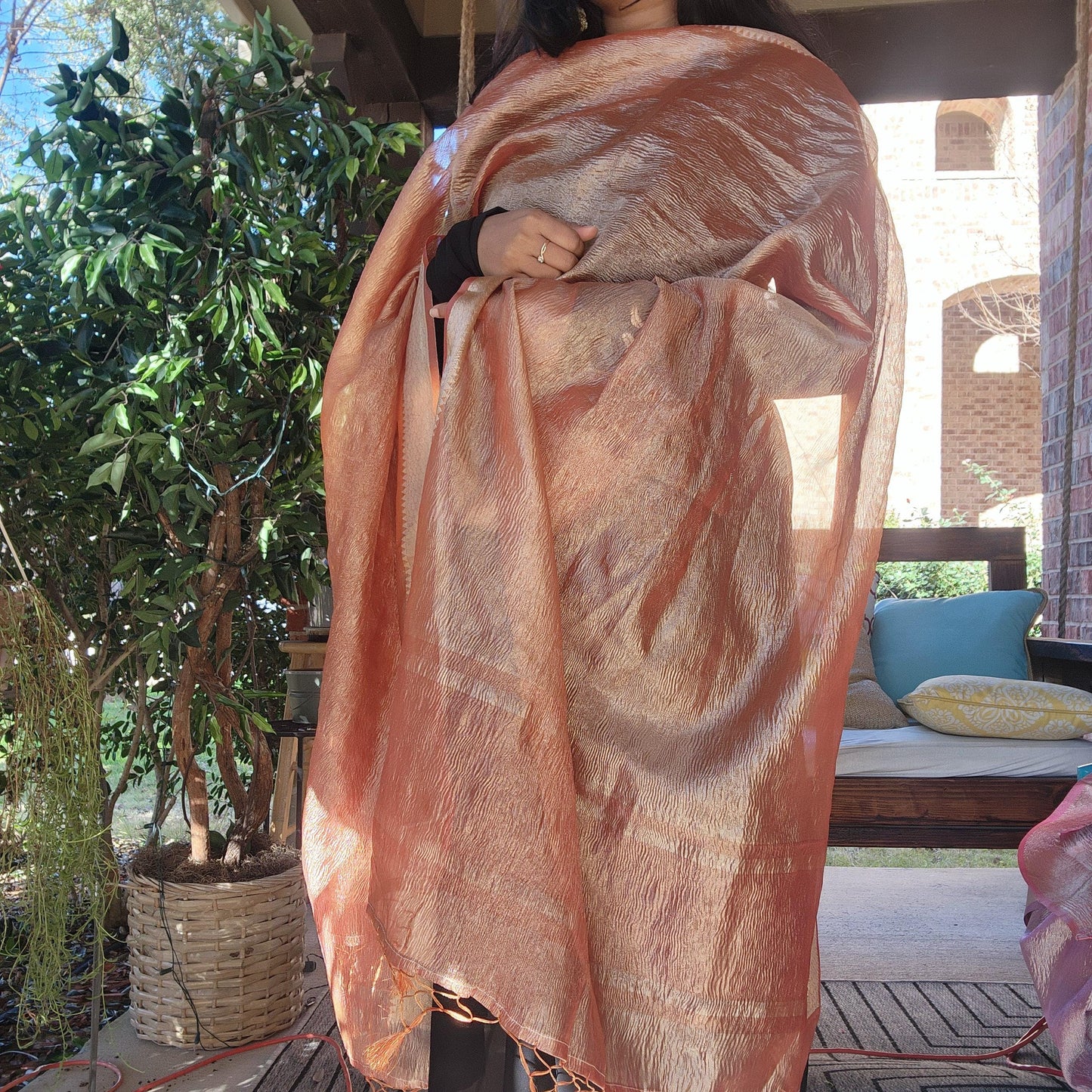 Tissue Silk Rust Orange Dupatta, Crushed Tissue Indian traditional & Festive wear Dupatta