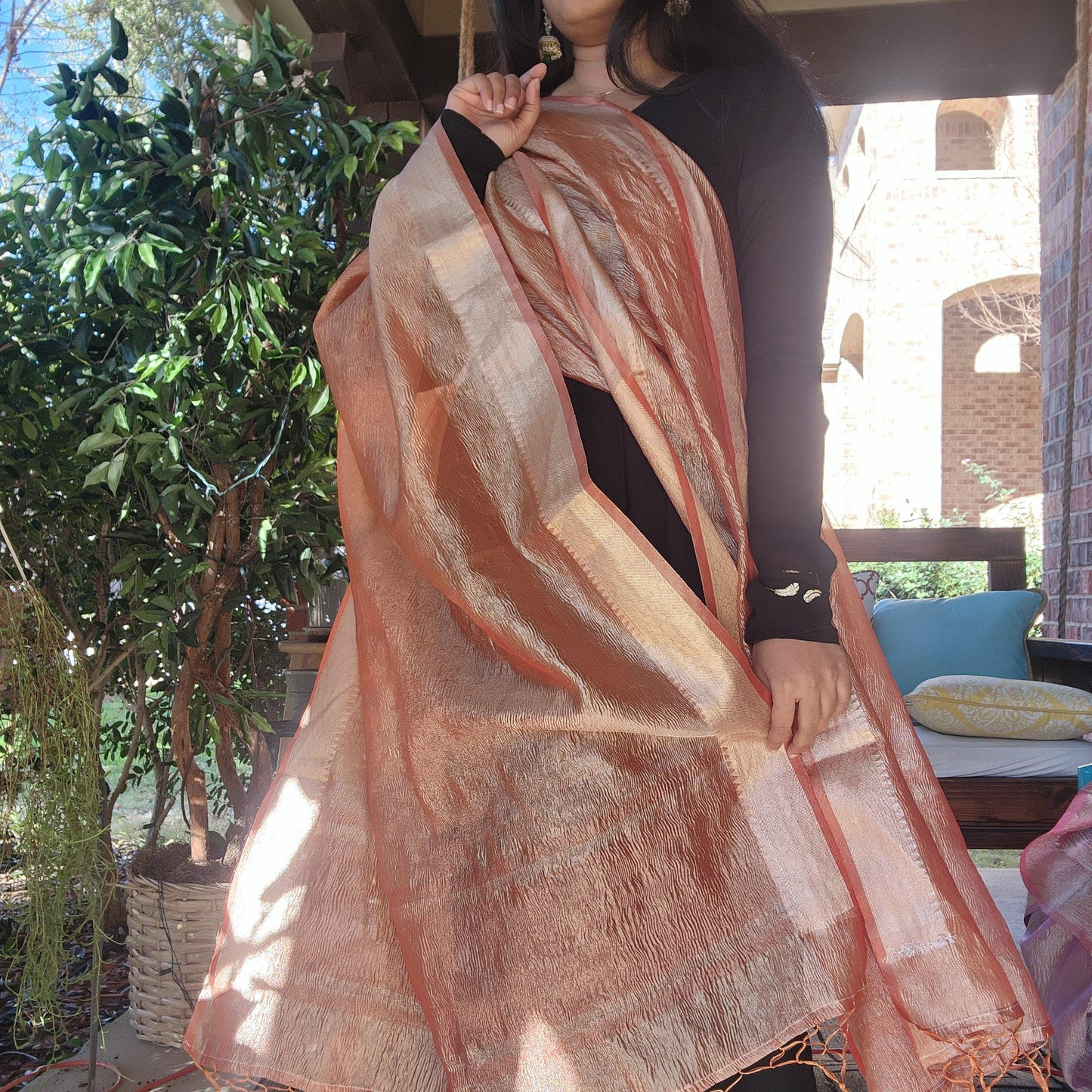 Tissue Silk Rust Orange Dupatta, Crushed Tissue Indian traditional & Festive wear Dupatta