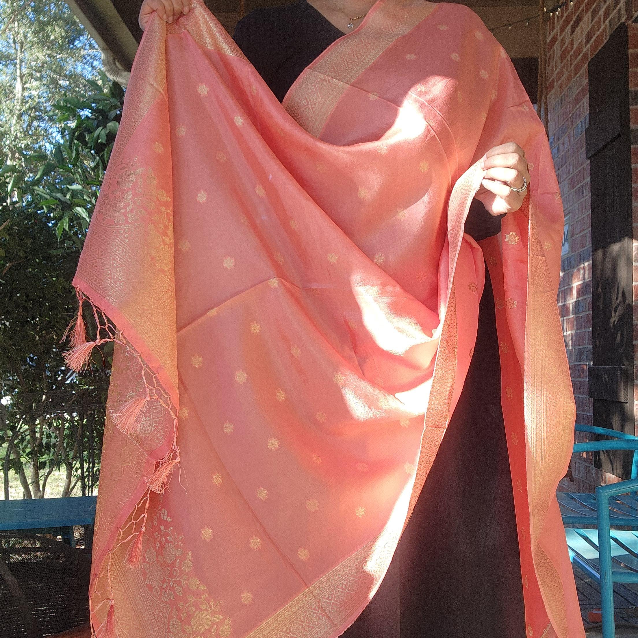 Banarasi Peach Pink Dola Silk with Golden Zari border & Floral motifs