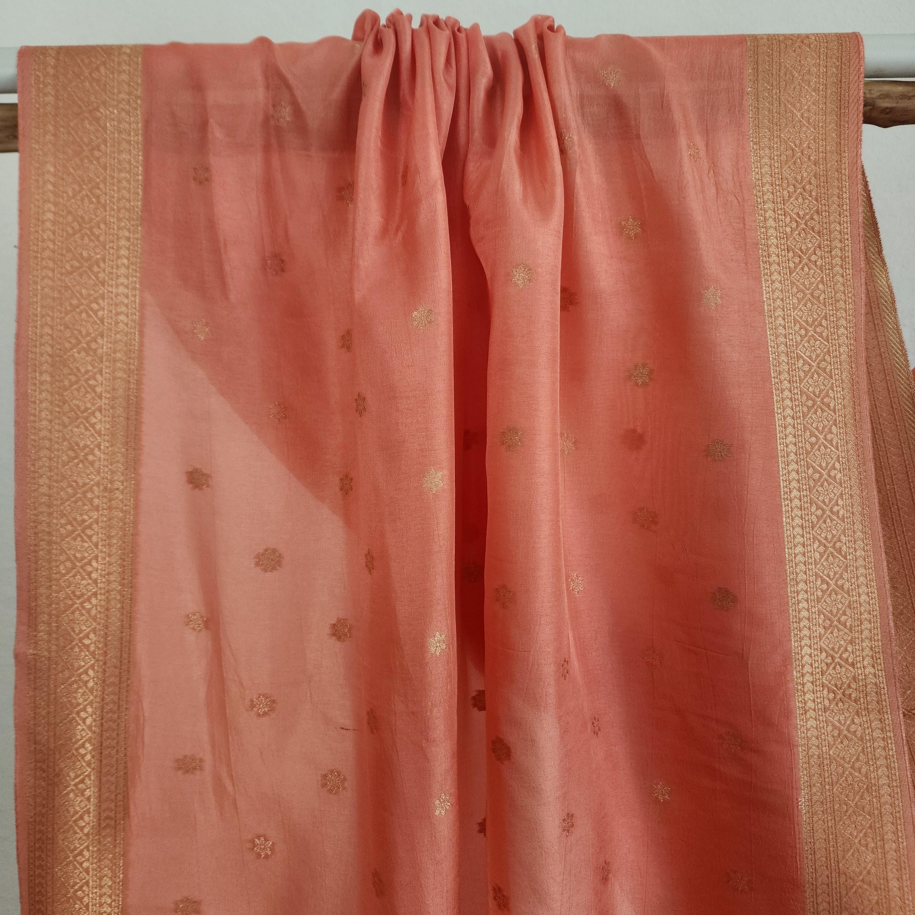 Banarasi Peach Pink Dola Silk with Golden Zari border & Floral motifs