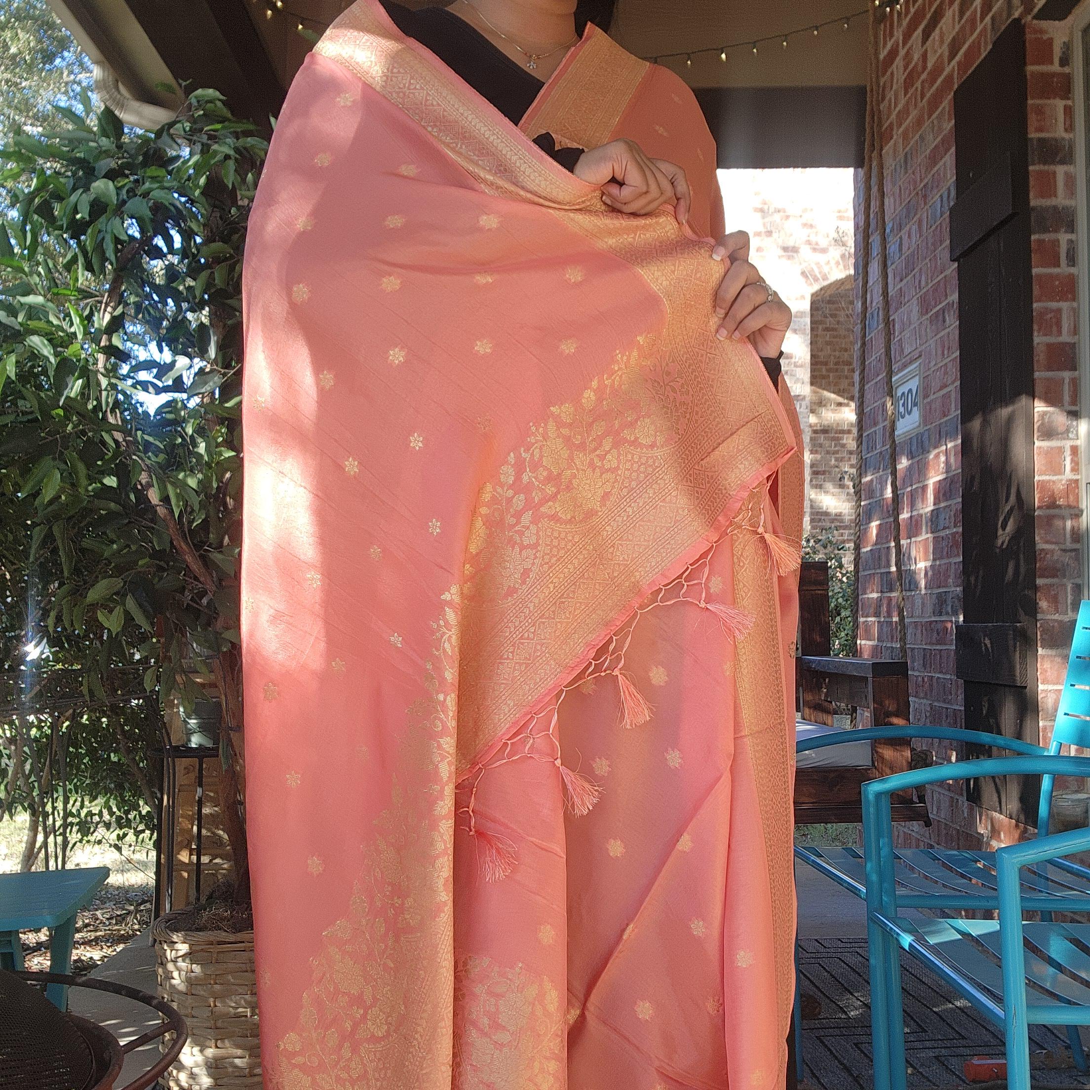 Banarasi Peach Pink Dola Silk with Golden Zari border & Floral motifs