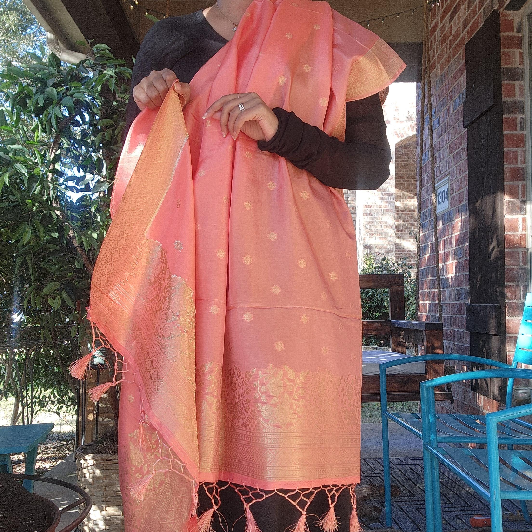 Banarasi Peach Pink Dola Silk with Golden Zari border & Floral motifs