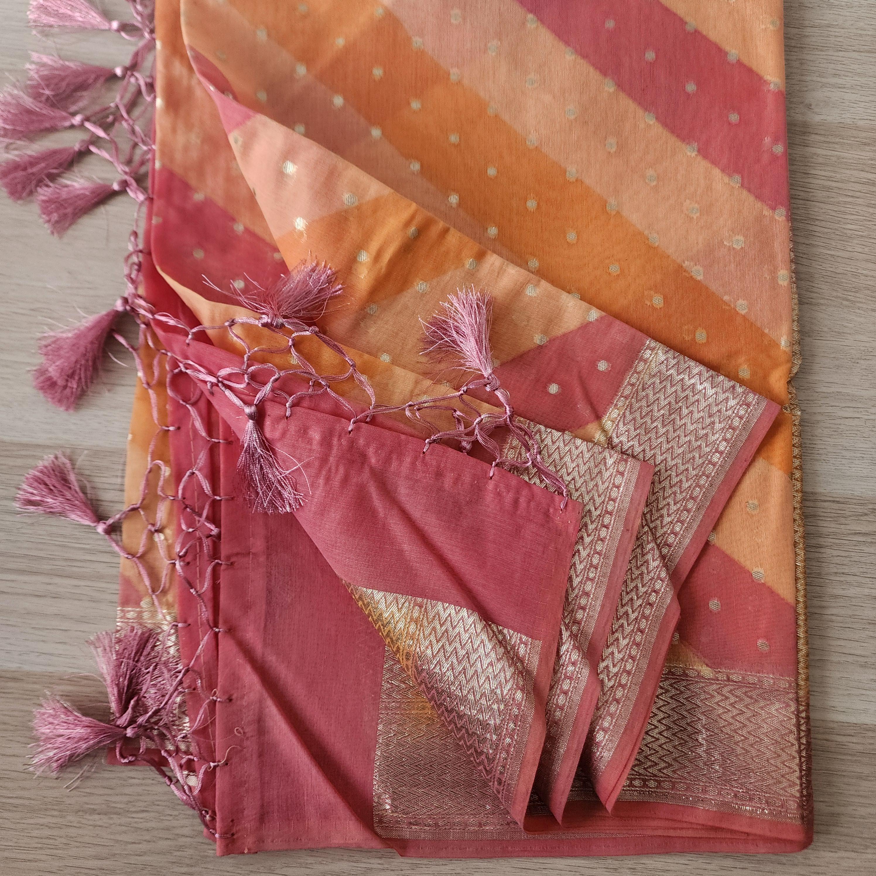 Banarasi Linen Silk Orange & Peach dupatta, Handpainted Multicolor meenakari work