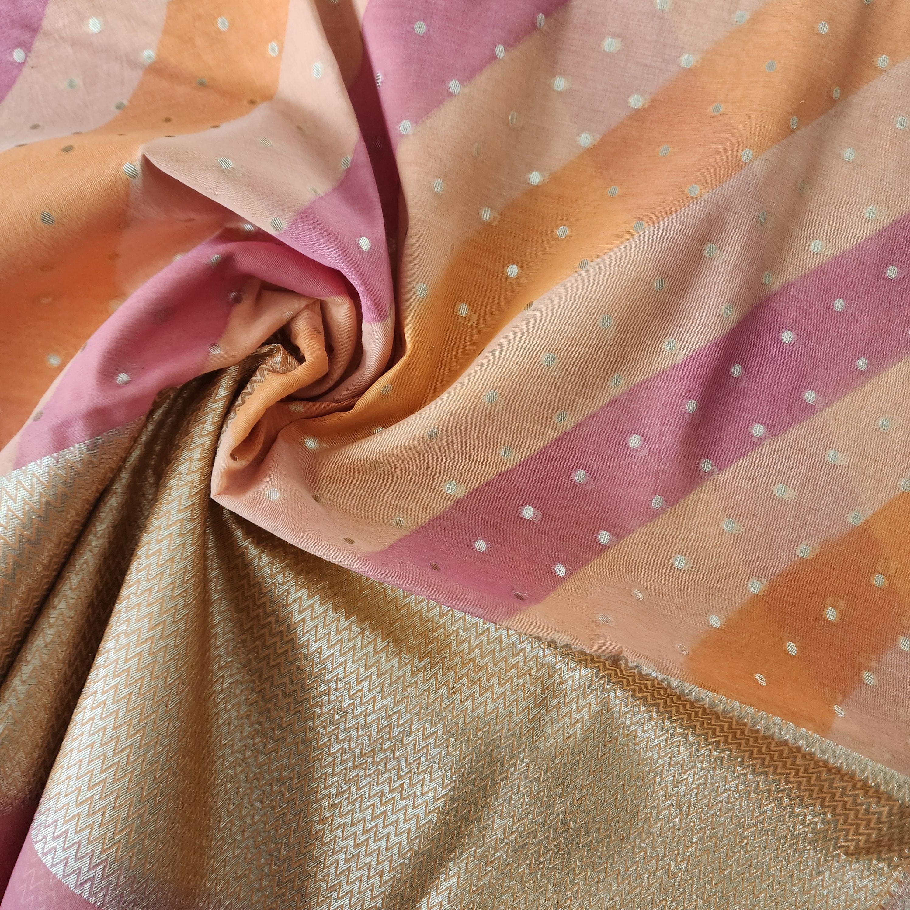 Banarasi Linen Silk Orange & Peach dupatta, Handpainted Multicolor meenakari work