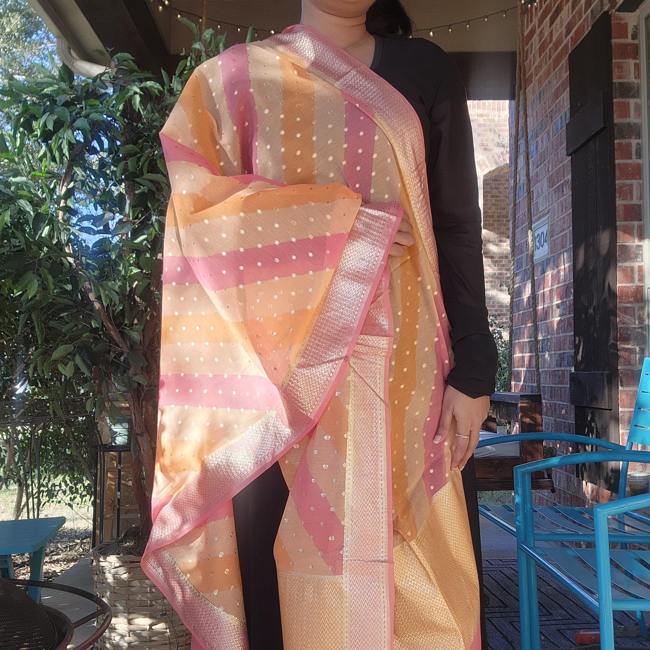 Banarasi Linen Silk Orange & Peach dupatta, Handpainted Multicolor meenakari work