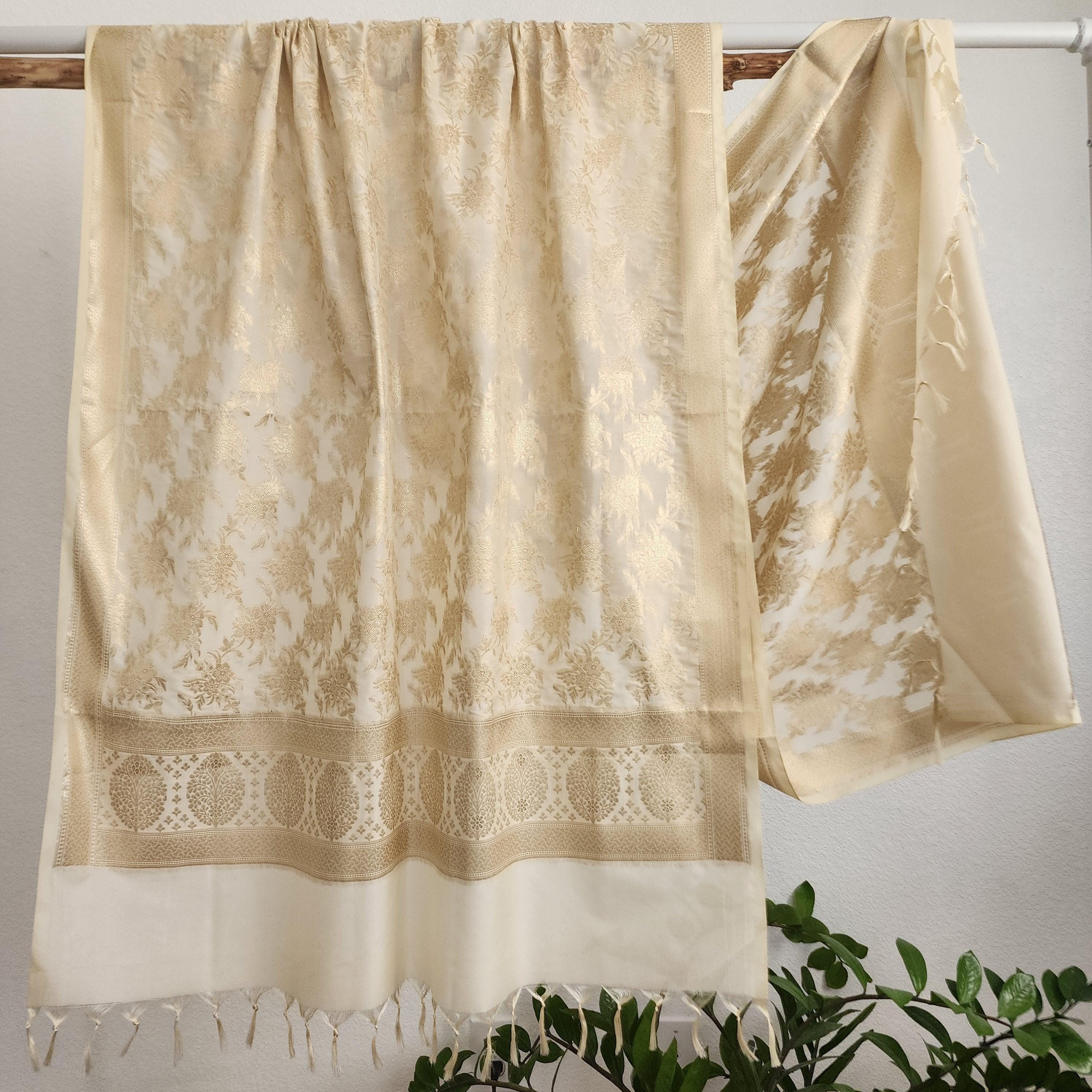 Banarasi Off-White Dupatta with gold handweaving, Indian traditional and Festive designer dupatta, luxurious, soft to touch  dupatta