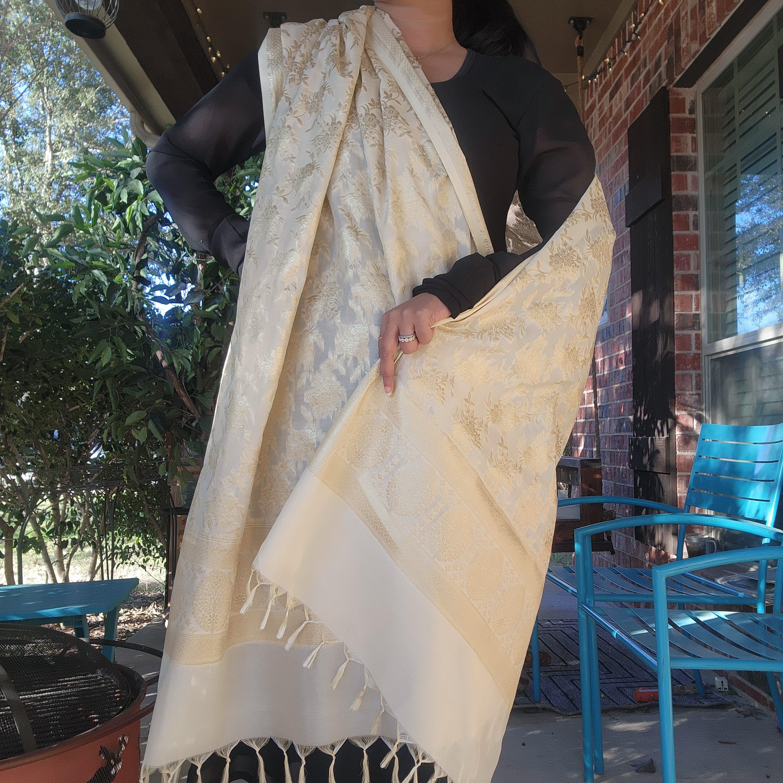 Banarasi Off-White Dupatta with gold handweaving, Indian traditional and Festive designer dupatta, luxurious, soft to touch  dupatta