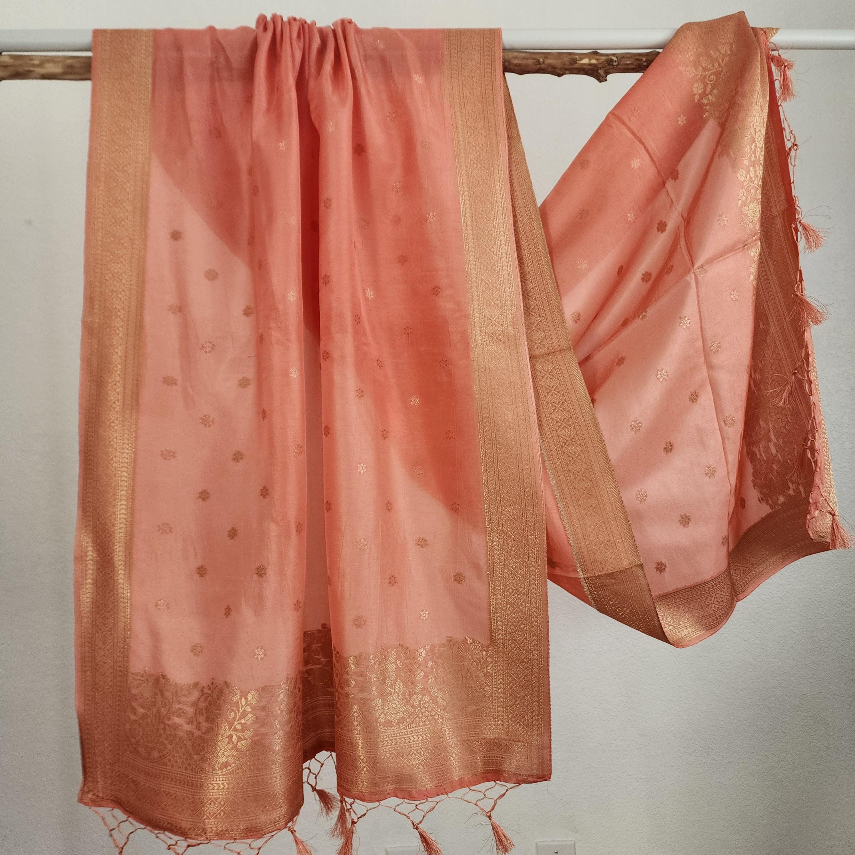 Banarasi Peach Pink Dola Silk with Golden Zari border & Floral motifs