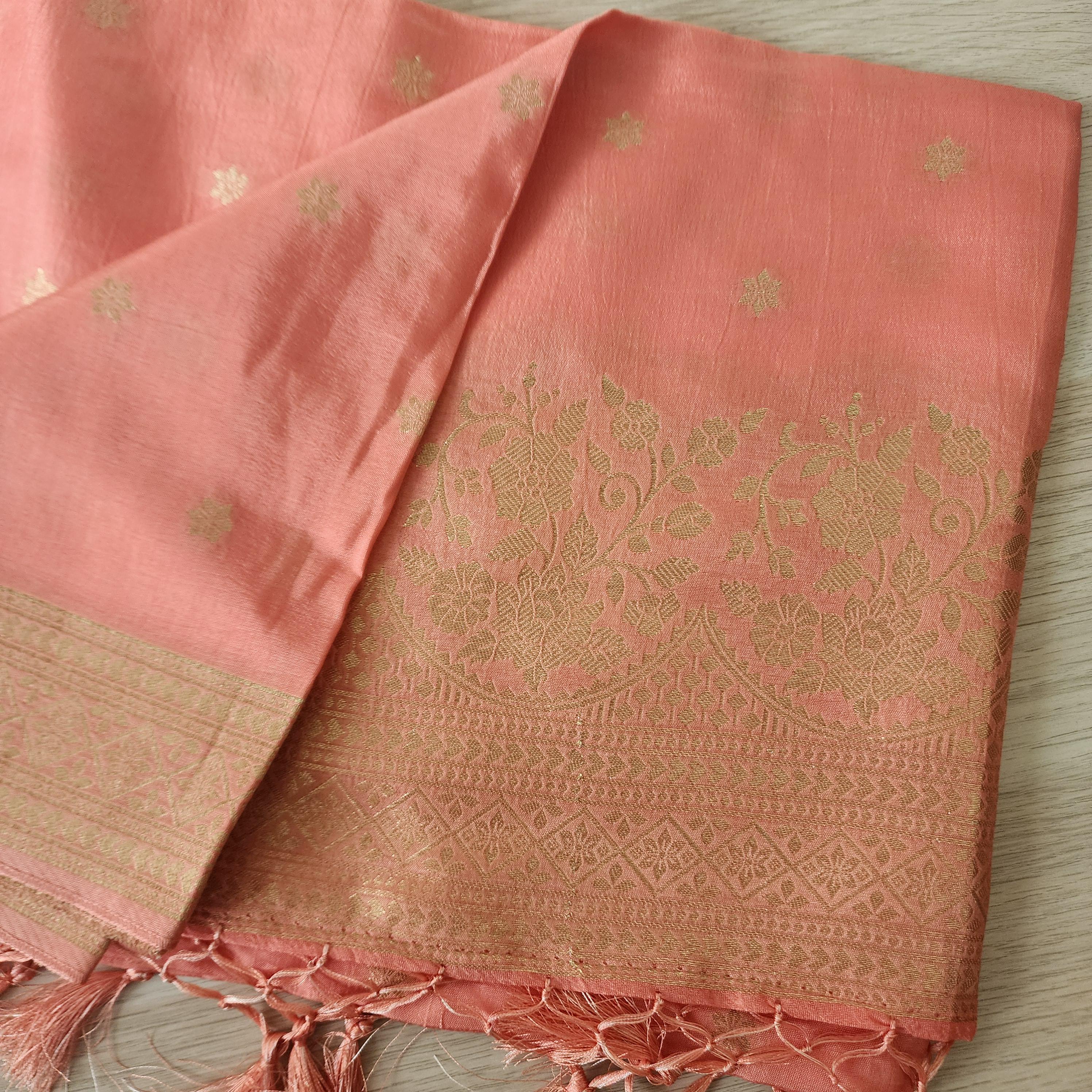 Banarasi Peach Pink Dola Silk with Golden Zari border & Floral motifs