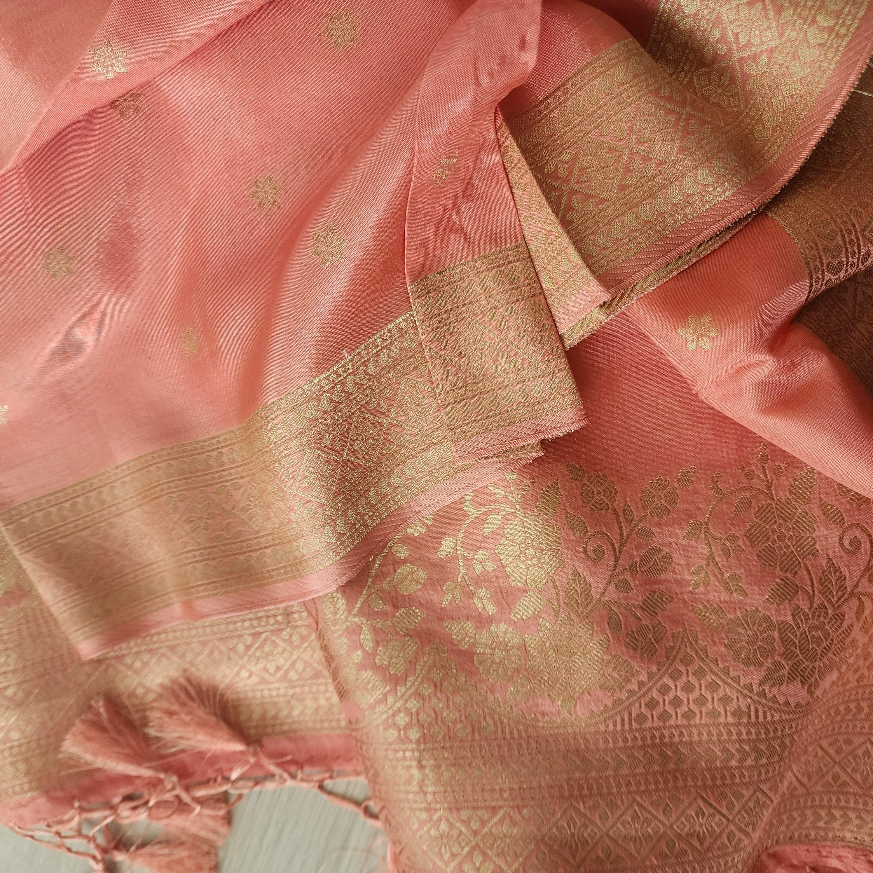 Banarasi Peach Pink Dola Silk with Golden Zari border & Floral motifs